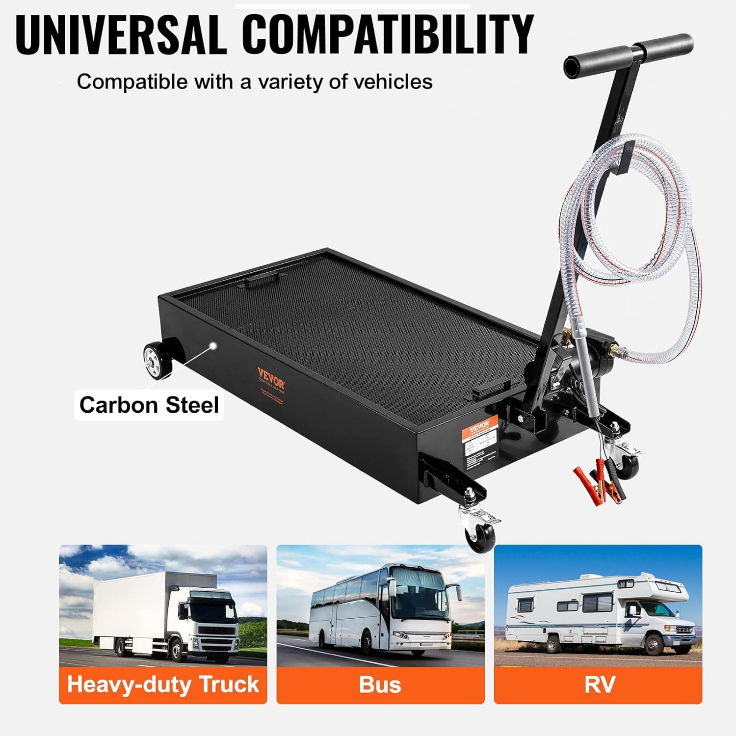 VEVOR 20 Gallon Low Profile Oil Drain Pan with Electric Pump - 8.2ft Hose & Folding Handle - Rolling Oil Drain Cart for Trucks, Buses, RVs - Perfect for DIY Oil Changes and Professional Garage Use