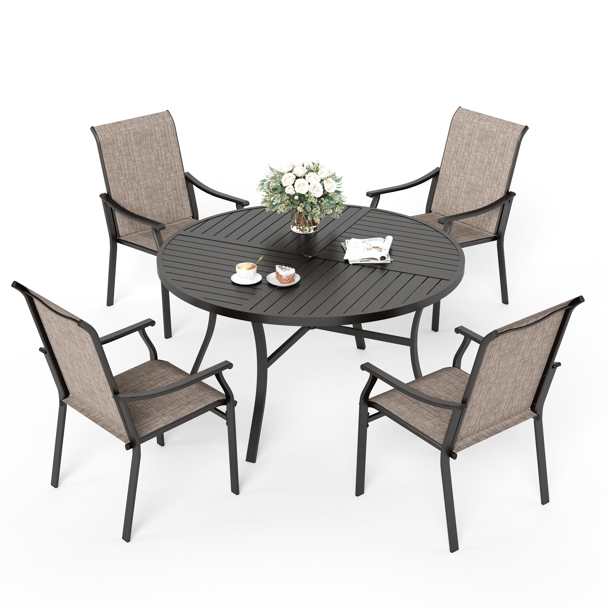 5-Piece Outdoor Patio Dining Set with Round Table & 4 Textilene Chairs - Perfect for Garden, Backyard, Deck & Poolside Gatherings (Seats 4)