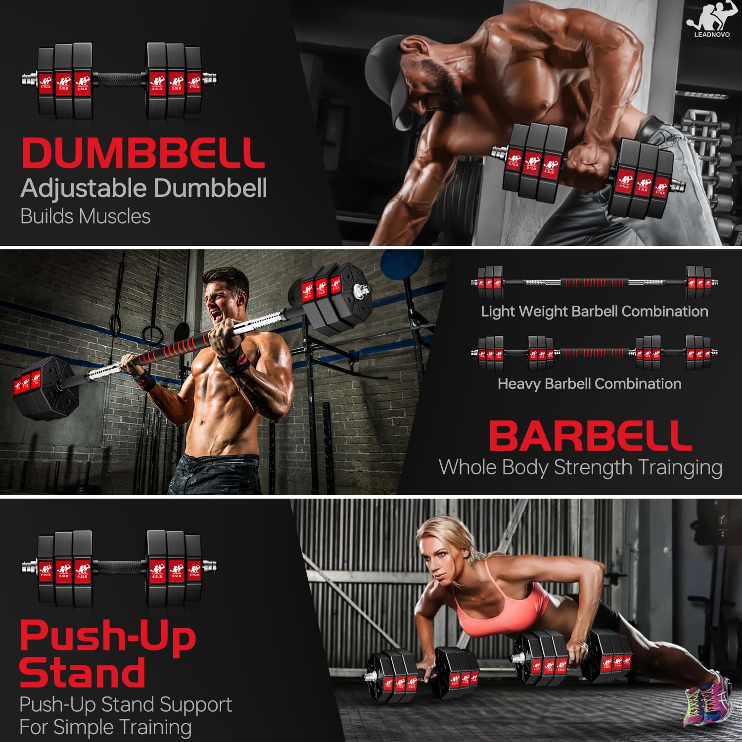 Adjustable Dumbbell Set 44Lbs 66Lbs 88Lbs - 3 in 1 Home Gym Weight Set with Connecting Rod for Strength Training | Perfect for Full-Body Workouts at Home, Office or Small Spaces (Men & Women)
