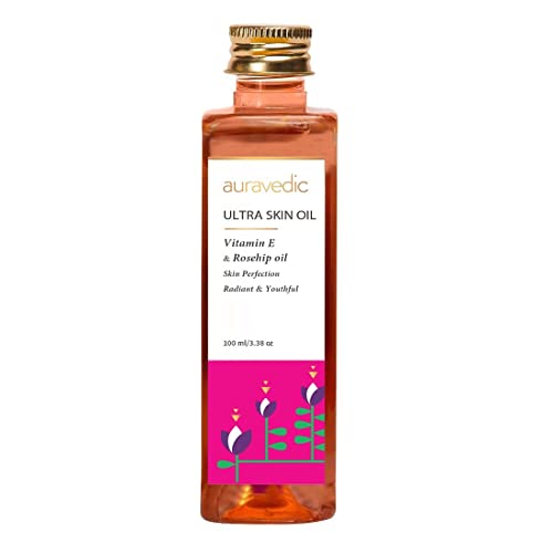 Auravedic Ultra Glow Face & Body Oil - 100ml with Vitamin E, Rosehip, Almond, Olive, Jojoba, Orange & Wheat Germ Oils - Skin Brightening Serum for Women & Men - Perfect for Daily Hydration & Nighttime Skin Repair