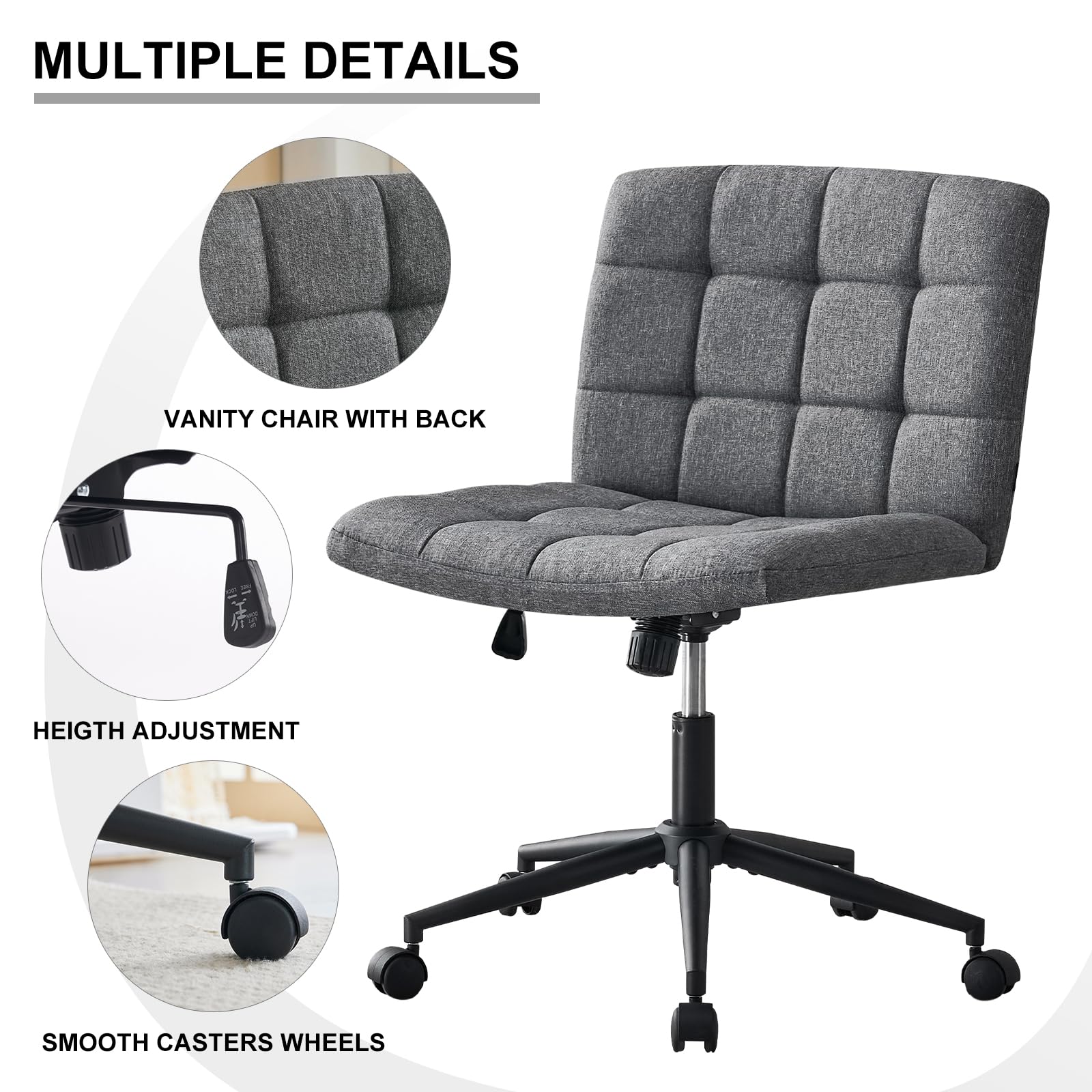 Furnimart Criss Cross Desk Chair with Wheels - 360° Swivel Wide Seat Cross Legged Office Chair with Thick Cushion, Armless Home Office Chair for Bedroom, Vanity & Study - Sturdy & Comfortable (Linen Gray) - Perfect for Small Spaces, Gaming & Remote Work