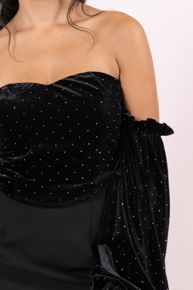 Brightest Star Black Off The Shoulder Rhinestone Studded Velvet Top for Women | Elegant Party Wear & Evening Outfits | Perfect for Date Nights, Prom & Special Occasions