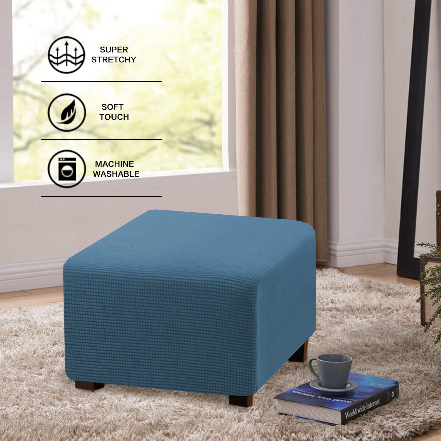 Flamingo P Stretch Ottoman Cover - Square Slipcover for Folding Storage Stool, Dusty Blue Small Size - Soft Elastic Furniture Protector for Living Room, Bedroom & Nursery