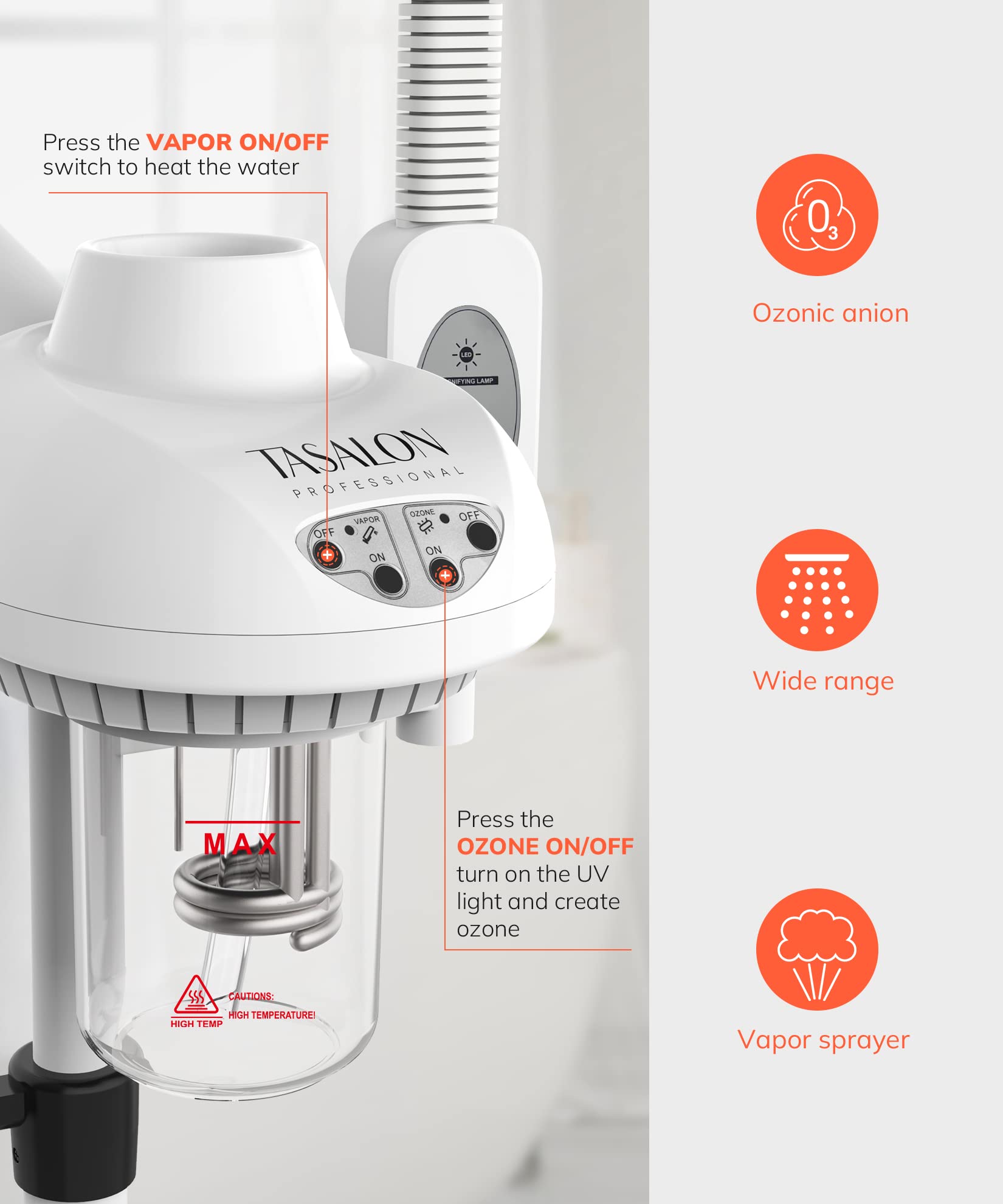 TASALON Professional 2-in-1 Facial Steamer with 5X Magnifying Foldable Arm - Ozone Face Steamer for Spa & Beauty Skin Care - Perfect for Home Salon, Facial Treatments & Skin Hydration