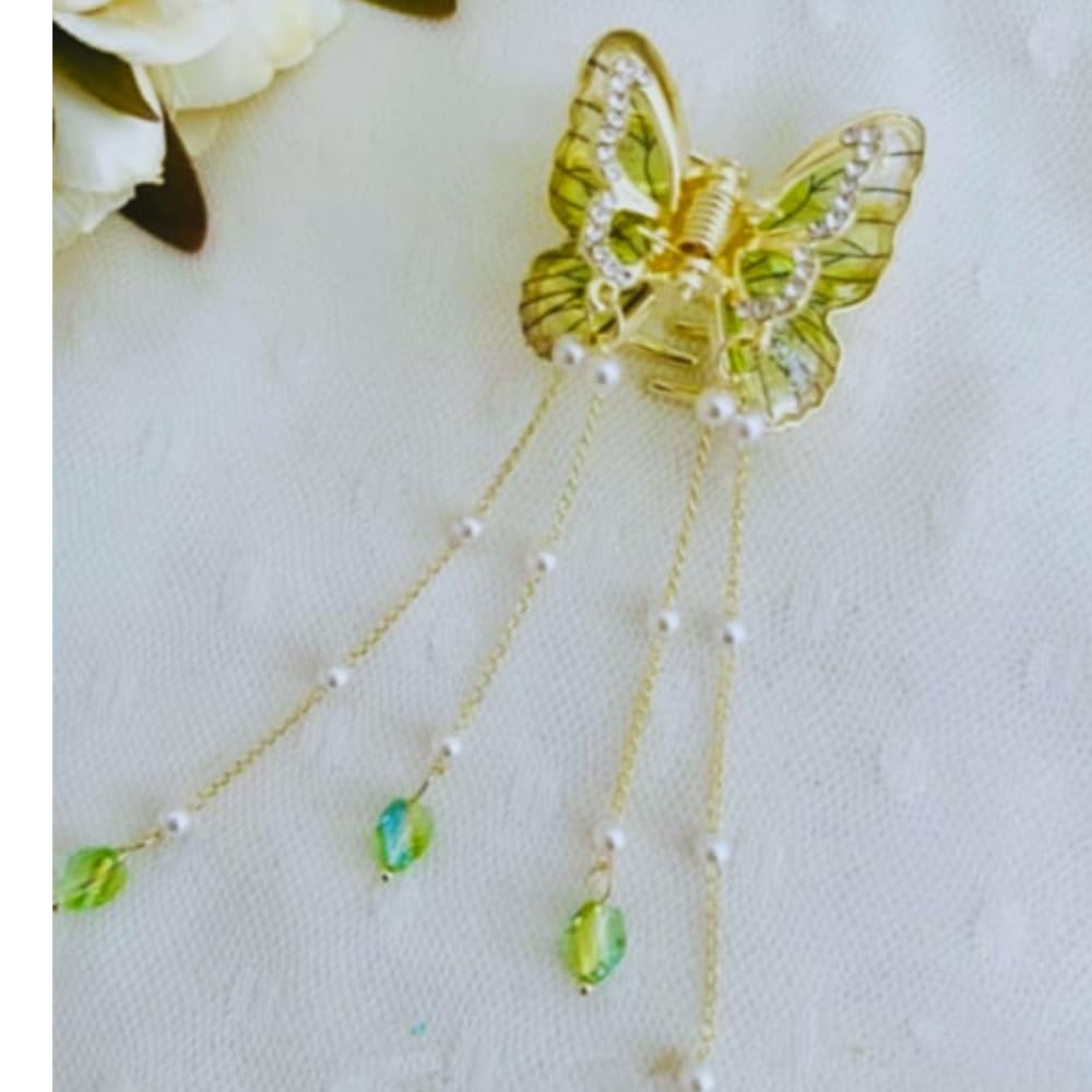 RSJ TRADERS - Blue Butterfly 3D Rhinestone Hair Claw Clip for Women & Girls | Wedding Hair Accessories with Crystal Tassel | Strong Hold for Thick Hair | Perfect for Parties, Prom & Special Occasions