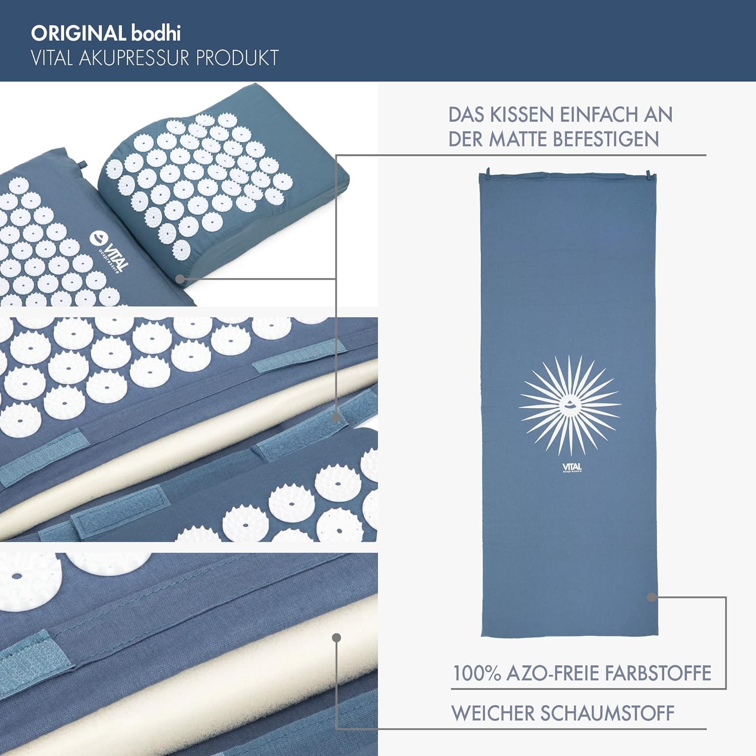 VITAL Acupressure Mat & Pillow Set - Midnight Blue Back & Neck Pain Relief for Relaxation & Stress Relief - Perfect for Home, Office & Yoga Use