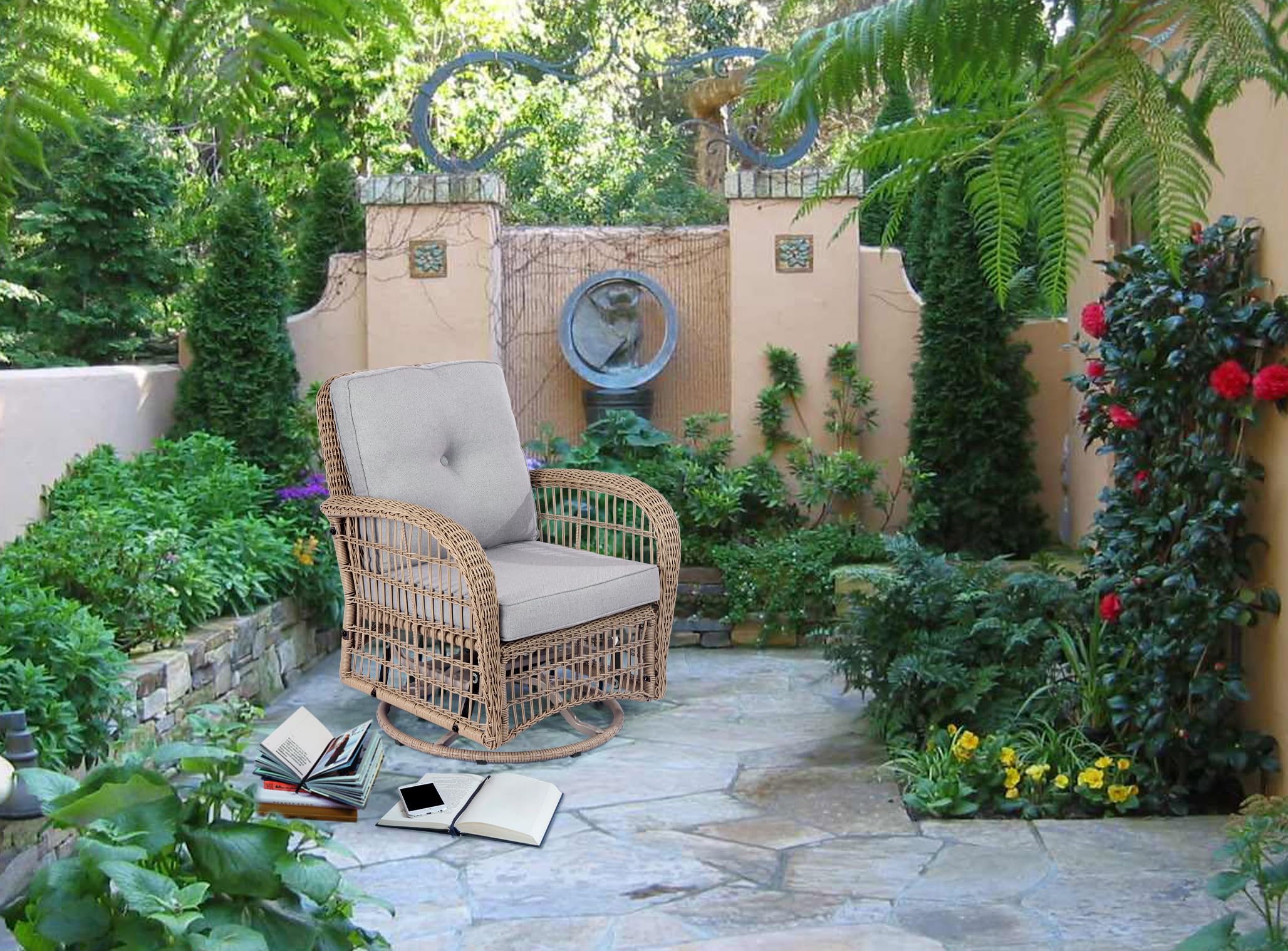 Swivel Wicker Outdoor Lounge Chair with Gray Cushion - Weather-Resistant PE Rattan Rocking Chair for Patio, Porch, Sunroom, Deck & Backyard - Perfect for Relaxing, Sunbathing and Outdoor Entertaining