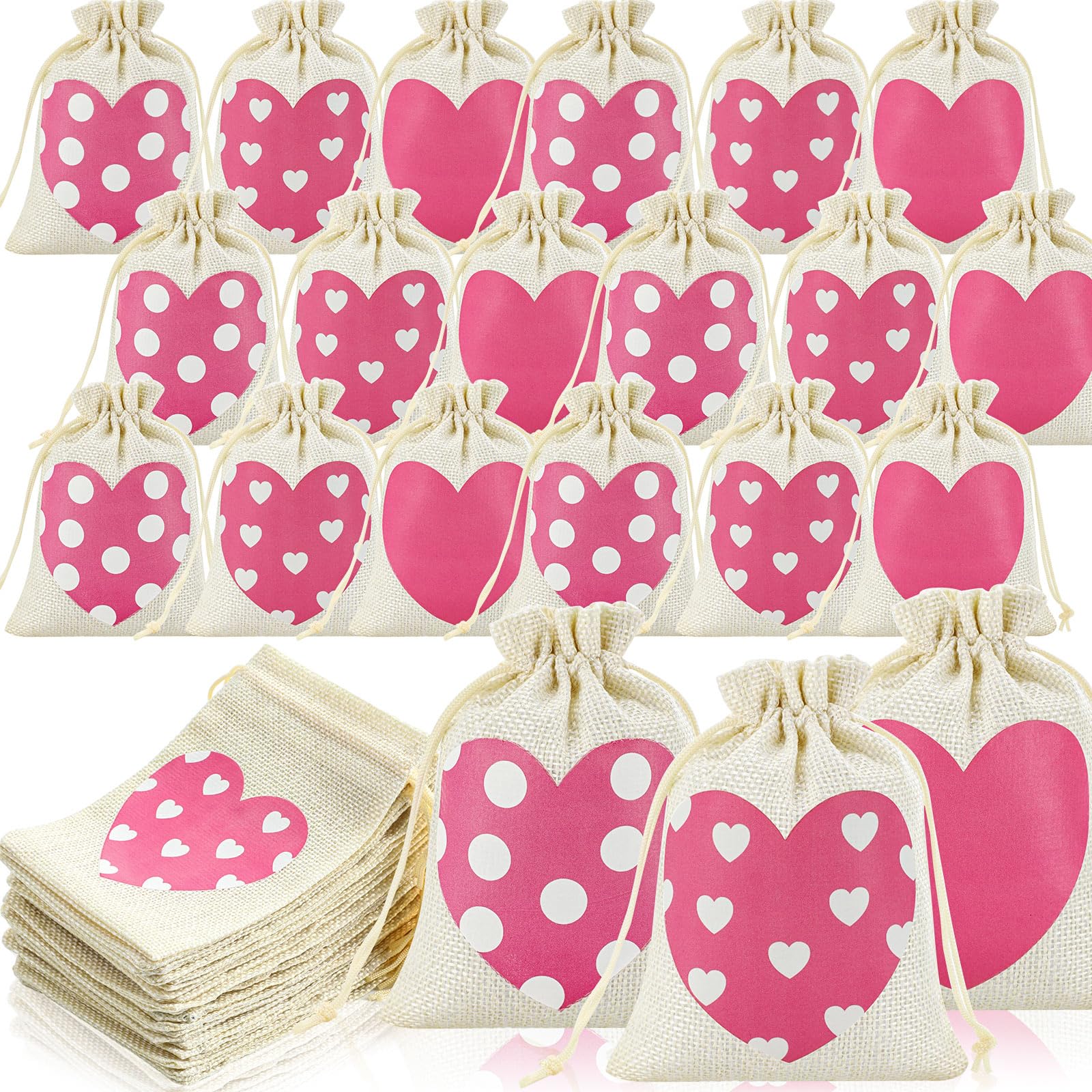 24-Piece Valentine's Day Burlap Gift Bags with Heart Drawstring - Natural Linen Goodie Bags for Candy, Wedding Favors & Party Gifts (Cute Style) - Perfect for Valentine's Day, Weddings, Baby Showers & Birthday Parties