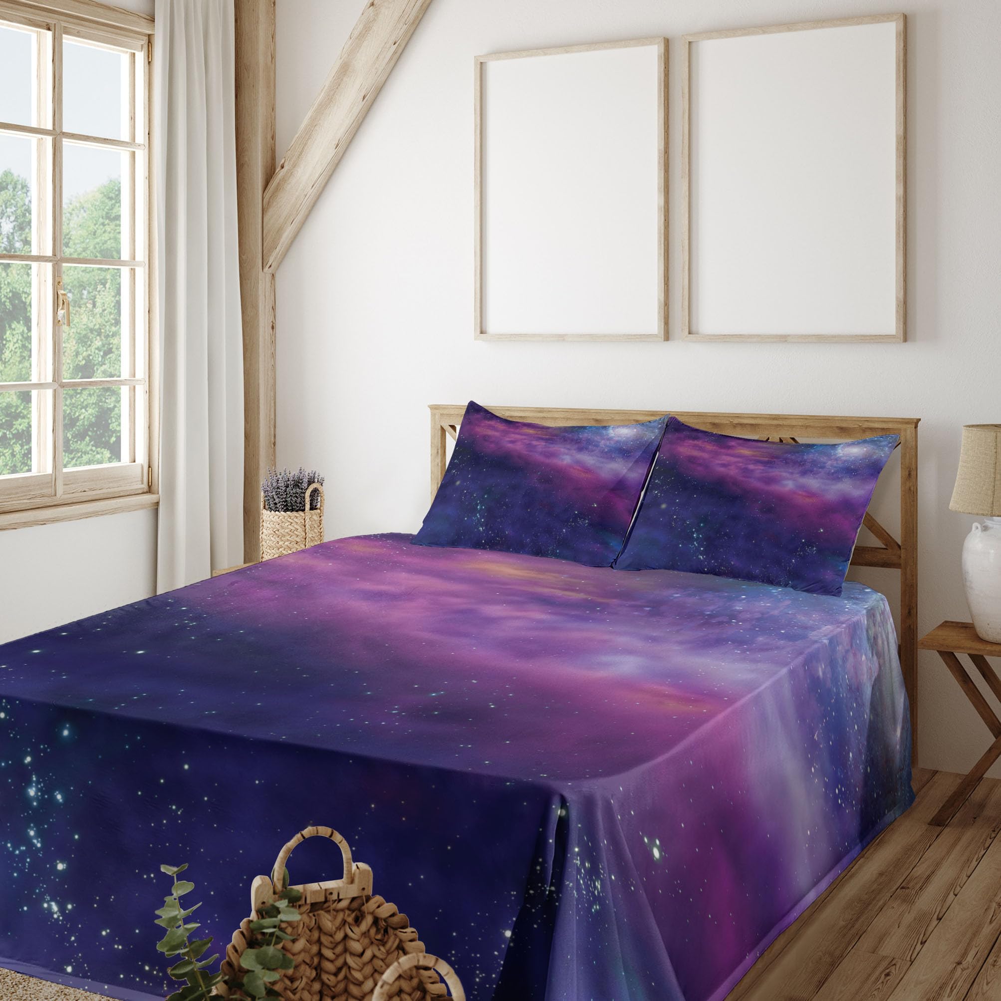 Ambesonne Outer Space Sheet Set - Milky Way Galaxy Star Clusters Design with Solar System Elements, 3-Piece Twin Size Bedding Set (Fitted Sheet, Flat Sheet & Pillowcase) in Purple Blue - Perfect for Astronomy Lovers' Bedrooms, Kids' Space Themed Rooms & Sci-Fi Decor