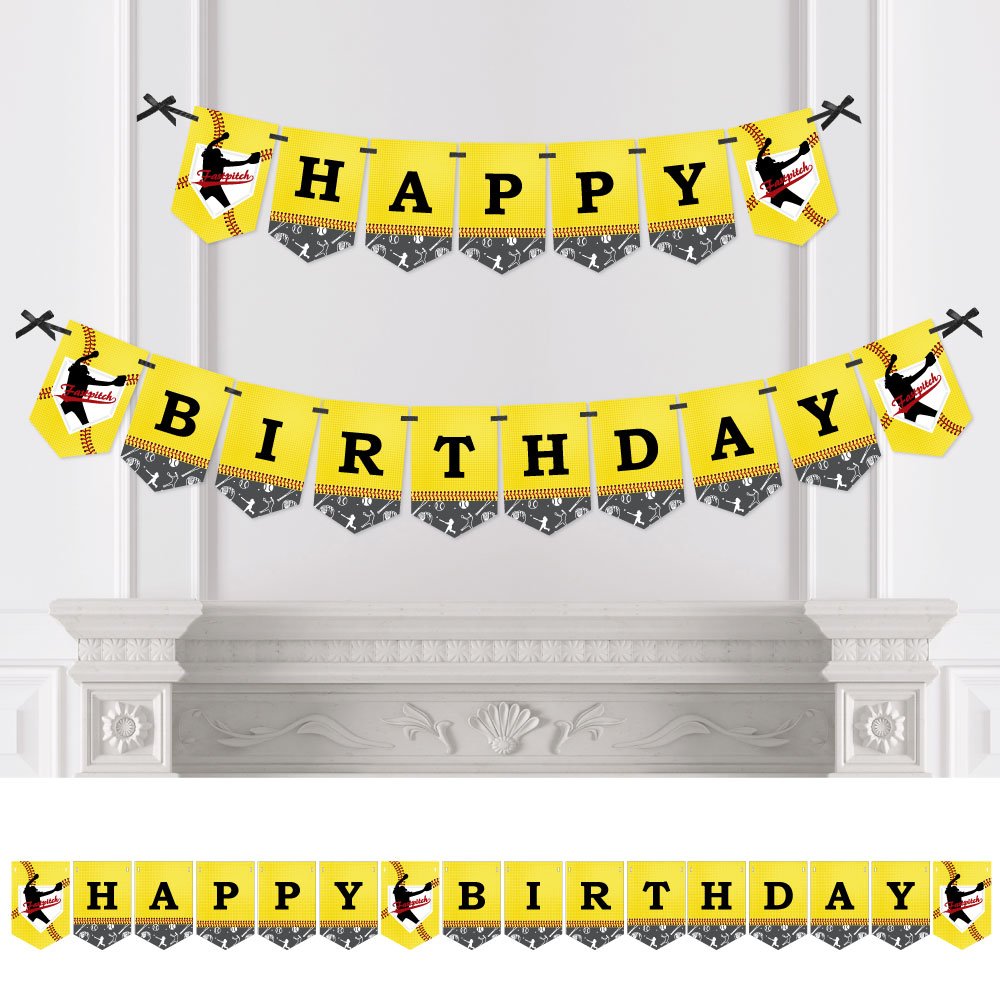 Big Dot of Happiness Grand Slam Fastpitch Softball Birthday Party Bunting Banner - Happy Birthday Decorations for Sports Themed Parties, Team Celebrations & Game Day Events