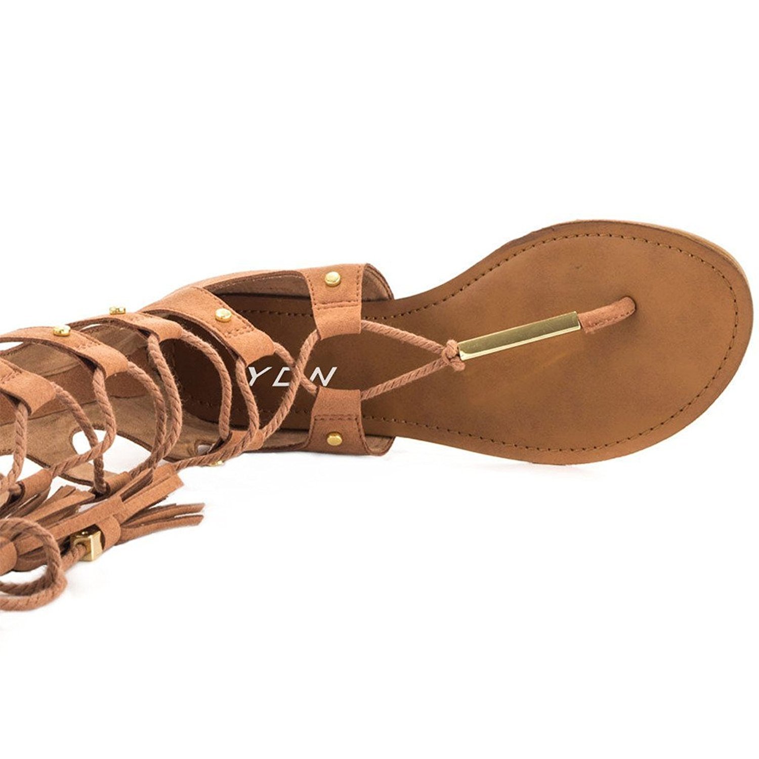 YDN Women's Fashion Lace-Up Gladiator Knee High Sandals - Strappy Thong Design with Low Heel & Fringe Back Zip | Perfect for Summer Outfits, Parties & Boho Chic Style