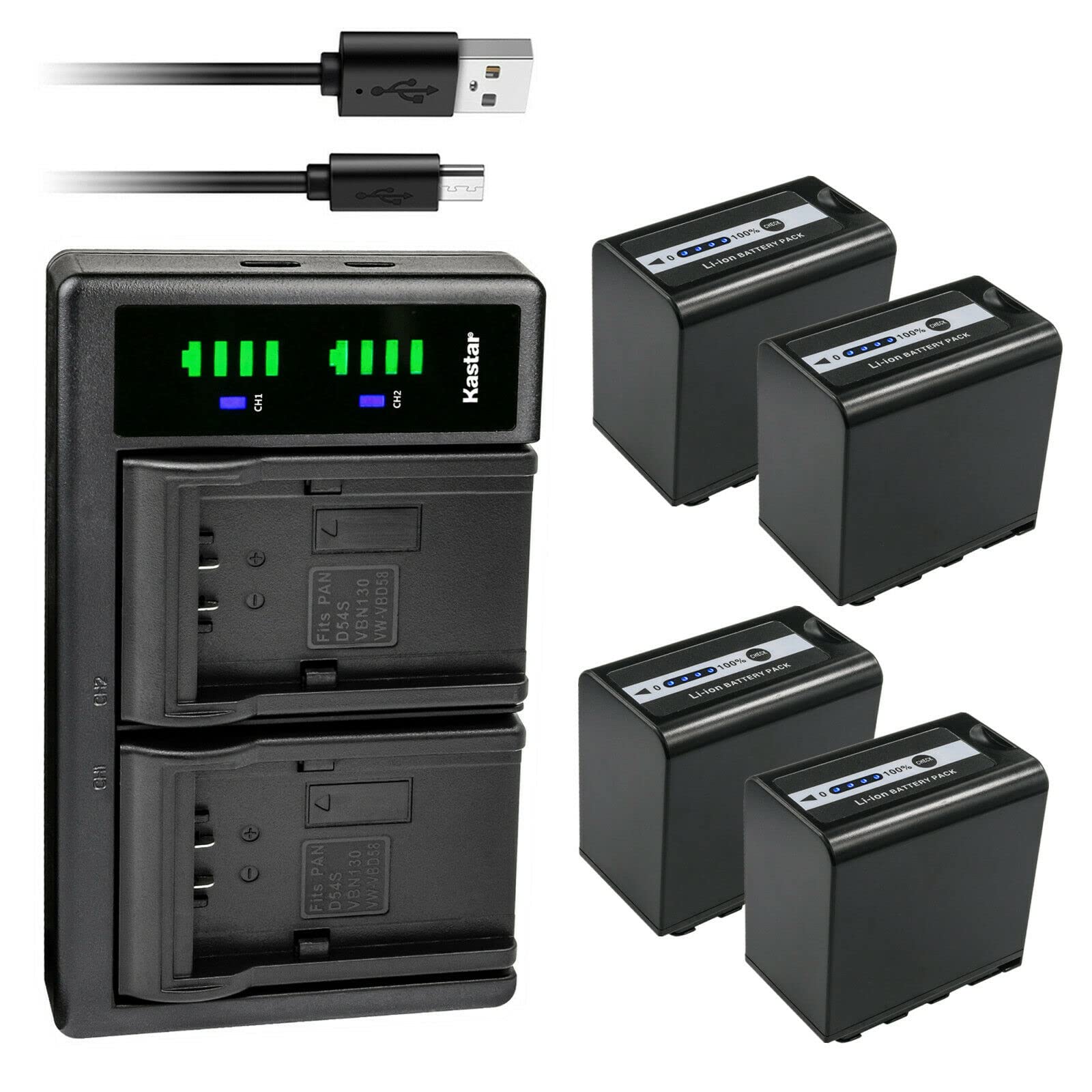 Kastar 4-Pack AG-VBR89G Replacement Battery & LTD2 USB Charger for Panasonic AJ-PX298/AJ-UX90/AJ-UX180/HC-X1 Cameras - Compatible with AG-VBR59/AG-VBR89G/AG-VBR118G Batteries & AG-BRD50P/AG-B23P Chargers - Perfect for Professional Videography & Outdoor Shooting
