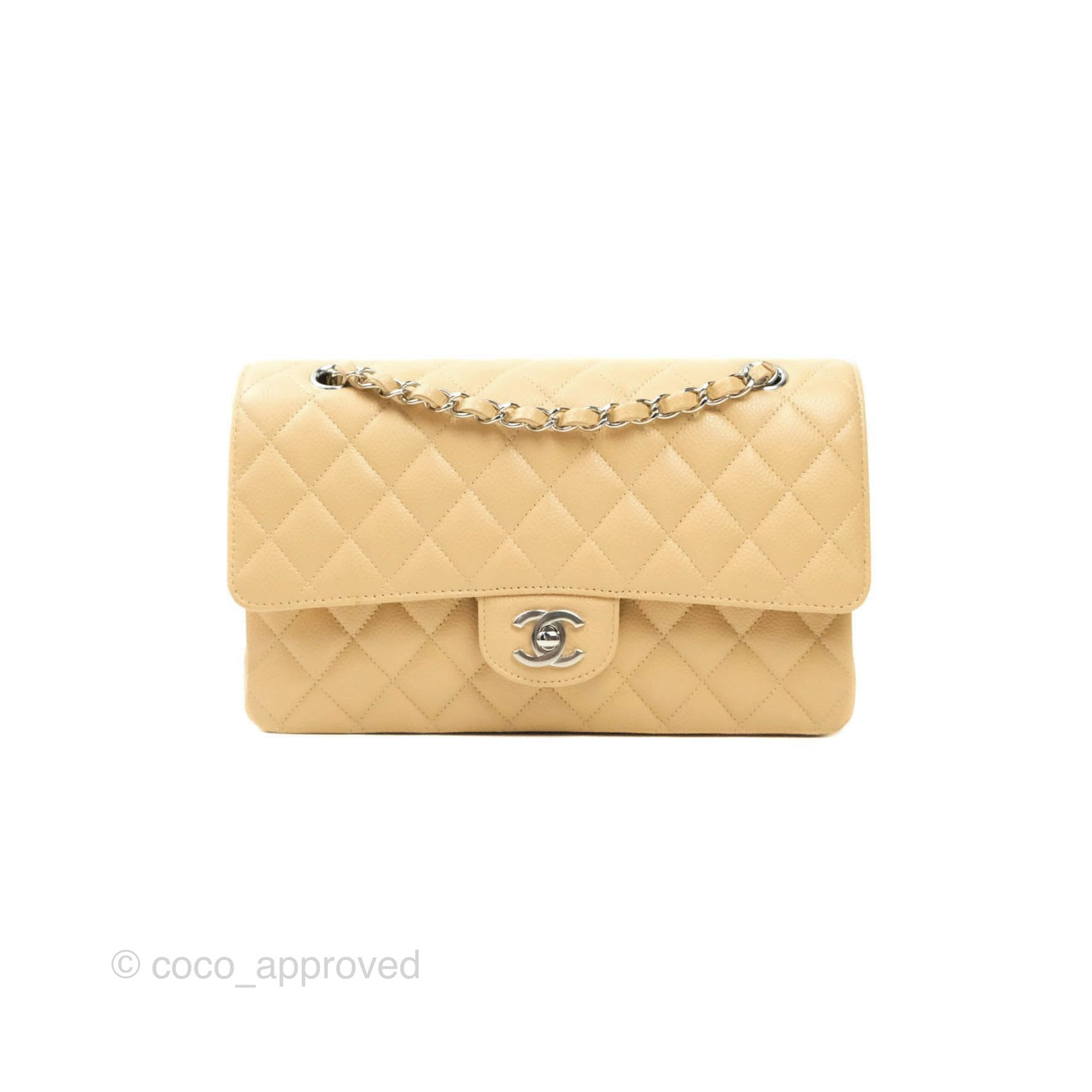 Chanel Classic M/L Medium Double Flap Bag in Beige Caviar Leather with Silver Hardware - Luxury Handbag for Women, Perfect for Work, Parties & Everyday Use