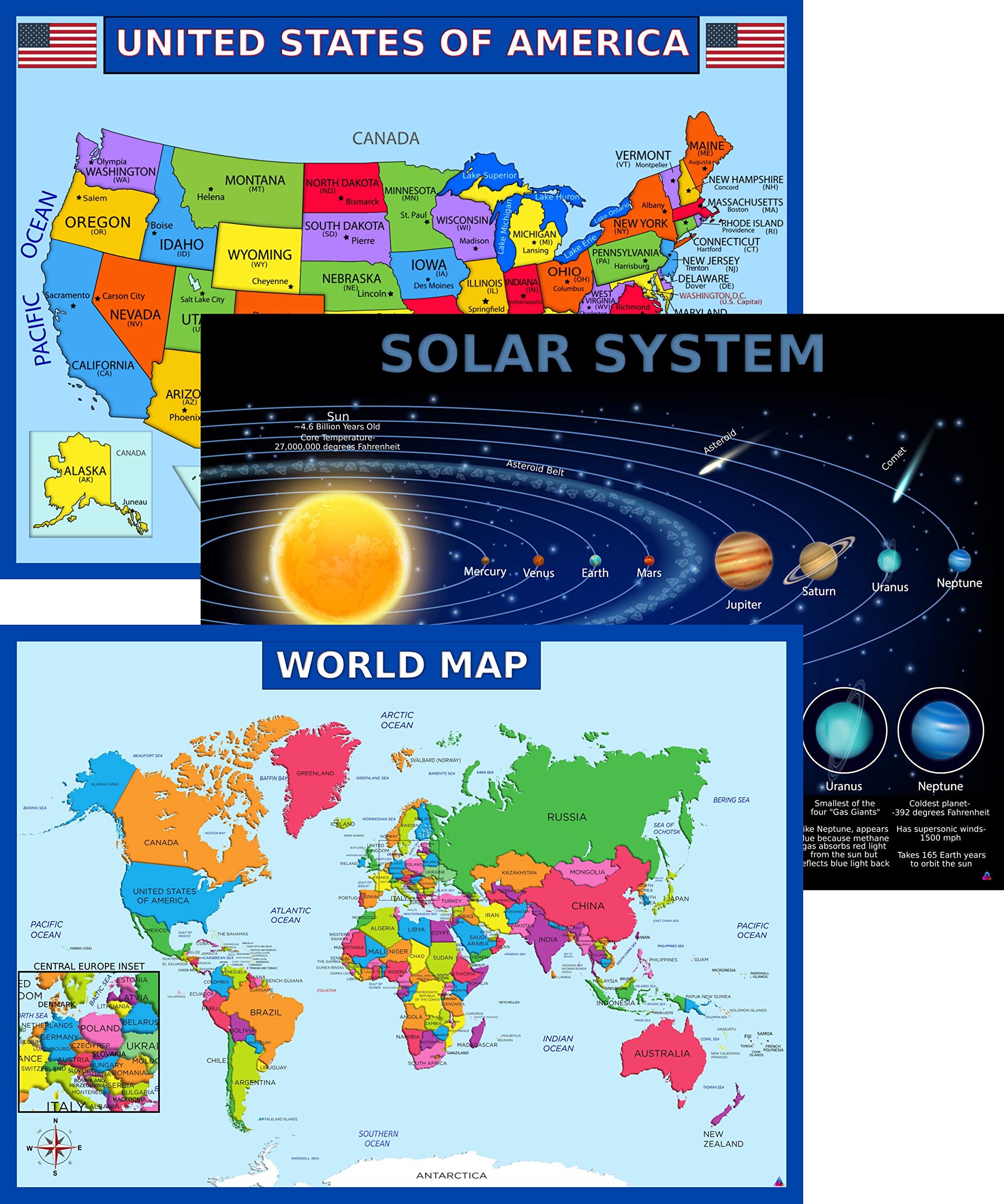 Educational World Map & Solar System Poster Set - Laminated 14x19.5 Inch USA Map & Space Chart for Kids Classroom Decor | Perfect for Elementary School Teachers, Homeschool Learning & Children's Bedroom Wall Art