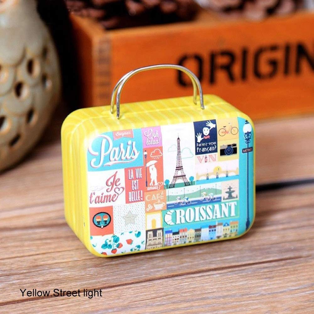 Vintage Suitcase Music Box - Castle in The Sky Wind-Up Metal Music Box with Clockwork Drive, Creative Mini Musical Gift (Yellow Street Light Color) - Perfect for Home Decor, Wedding Favors & Birthday Presents