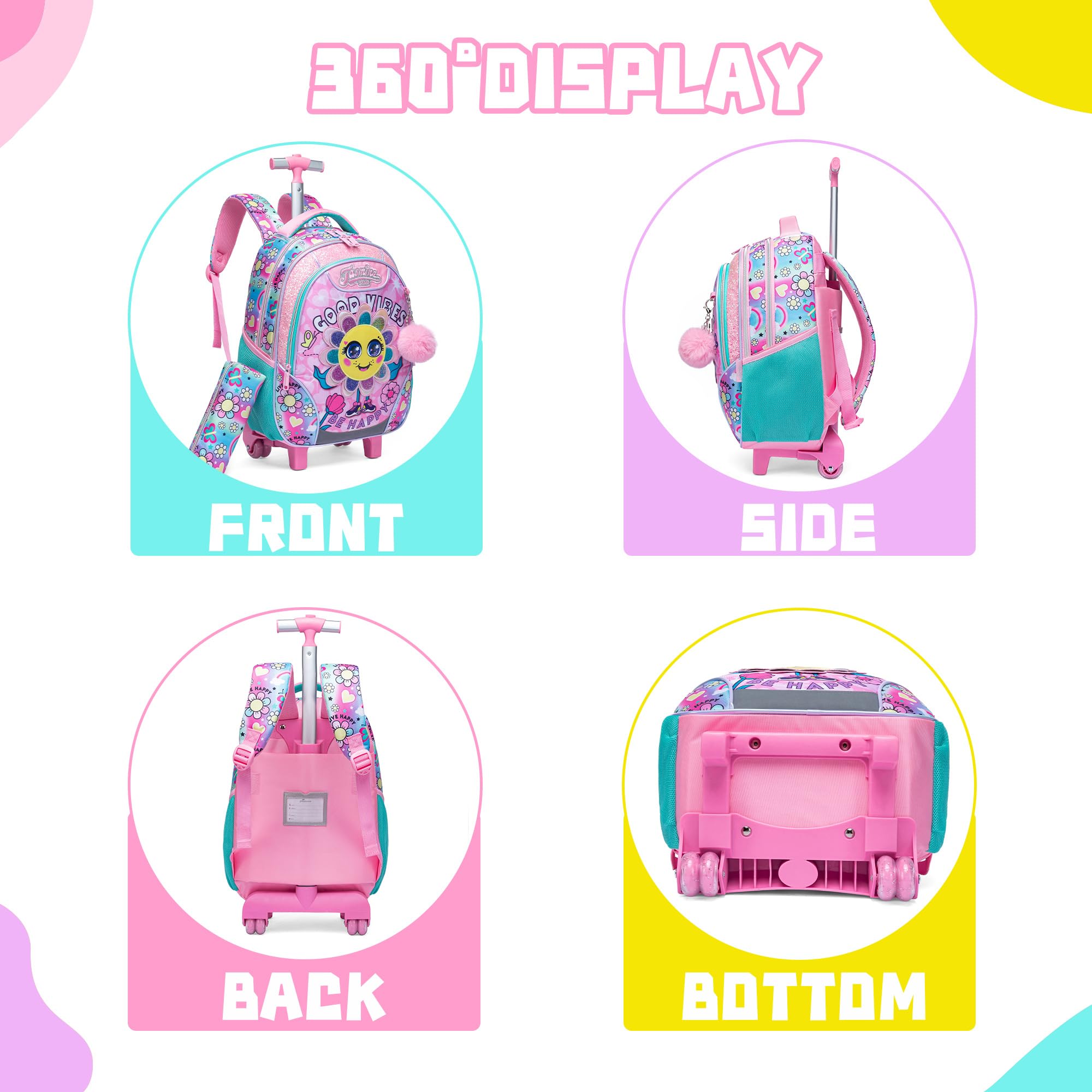 Meetbelify 3-in-1 Rolling Backpack for Girls Age 8-10 - Wheeled School Backpack with Lunch Box & Pencil Case, Convertible Carry-On Travel Luggage for Elementary & Preschool Students - Perfect for School, Travel & Daily Commute