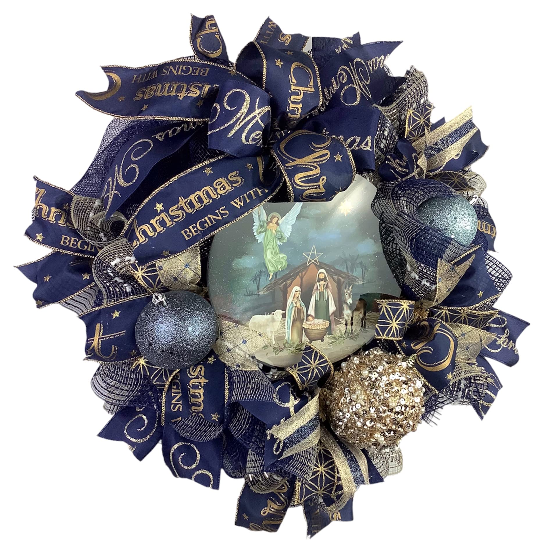 Nativity Christmas Wreath with Baby Jesus in Manger - Navy Blue & Gold Holiday Decor with Beautiful Ball Ornaments & Bow | Perfect for Front Door, Fireplace & Christmas Tree Decorations