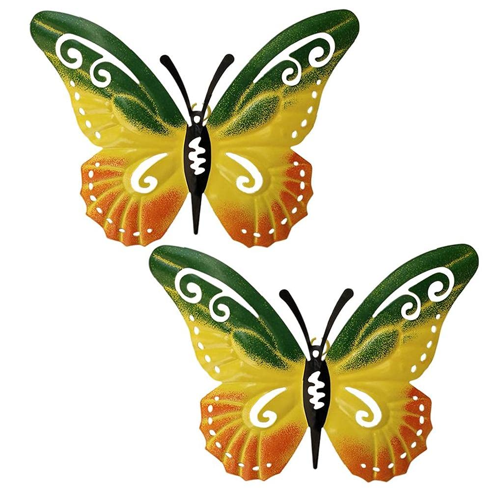 2PCS Metal Butterfly Wall Art Decor - Indoor Outdoor Garden Yard Hanging Sculpture - Rustproof Iron Butterfly Ornaments for Patio, Balcony, Fence - Green Butterfly Wall Decor for Home & Garden