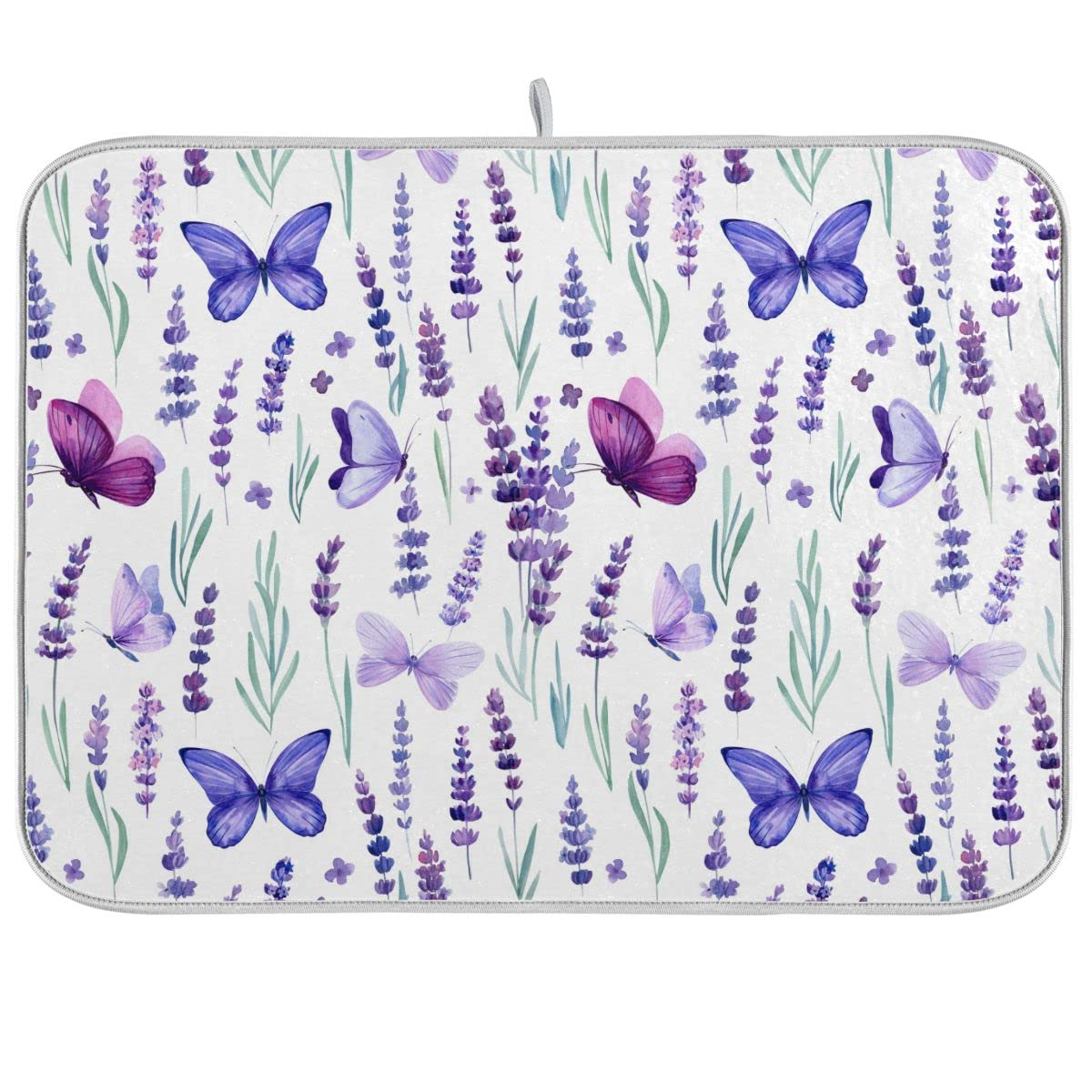 Lavender Flowers & Butterflies Dish Drying Mat - Super Absorbent Kitchen Counter Protector, Non-Slip Silicone Drying Rack for Dishes (16x18 Inch) - Perfect for Farmhouse Decor, Dish Drainer & Countertop Protection