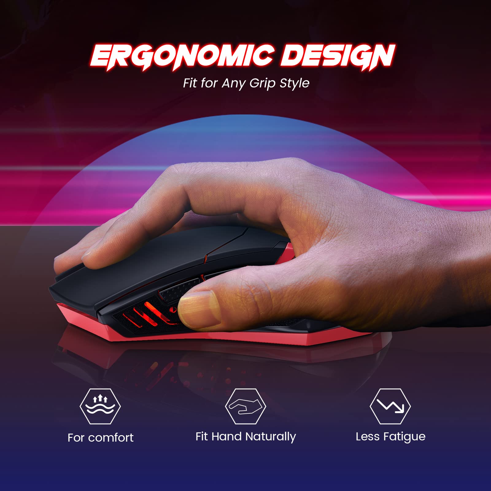 T-DAGGER Wireless Gaming Mouse - Ergonomic USB Cordless PC Mouse with Red LED Backlit, 7 Silent Buttons & 5 Adjustable DPI for PC/Laptop - Perfect for Gaming, Office Work & Home Use