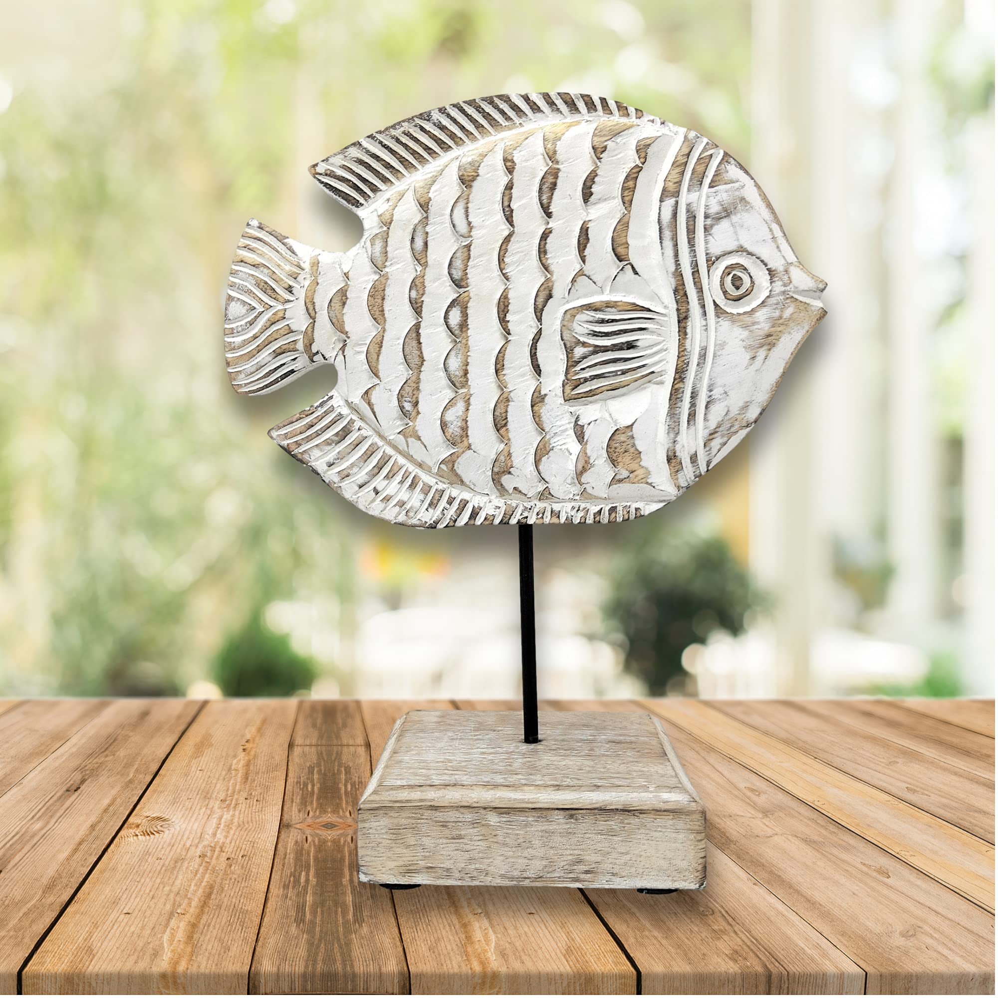 Handmade Wooden Angel Fish Sculpture with Base Stand - Whitewashed Rustic Home Decor for Beach House, Office & Living Room | Nautical Centerpiece for Table, Shelf & Mantel Decorations | Perfect Gift for Sea Lovers & Coastal Interior Design