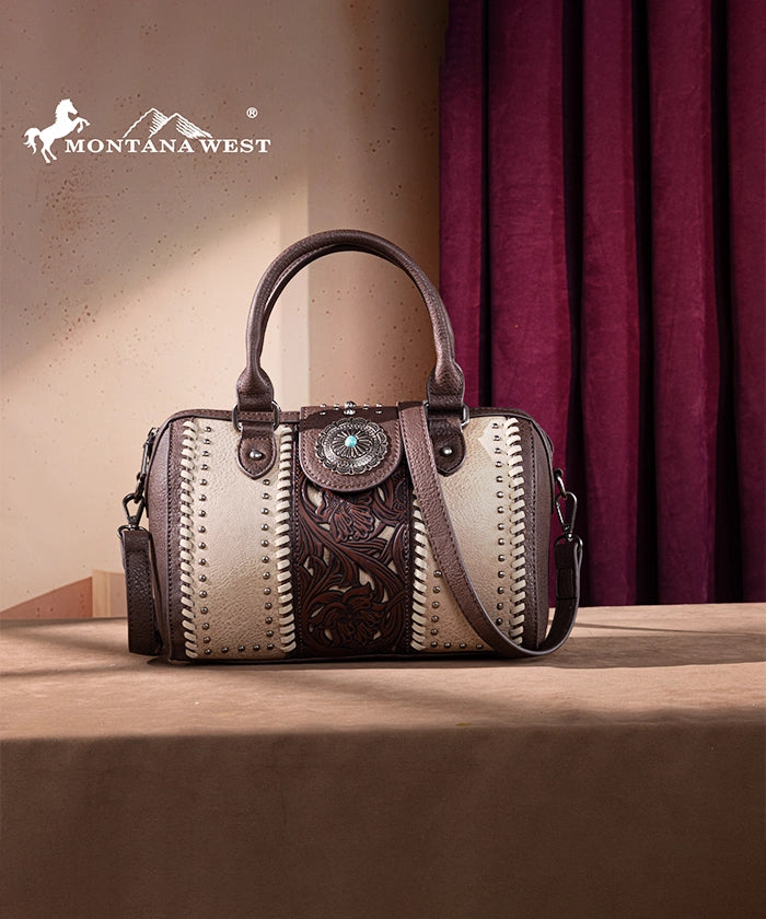 Montana West Genuine Leather Tooled Concho Barrel Satchel Bag for Women - Western Style Crossbody Purse for Cowgirl Fashion & Everyday Use
