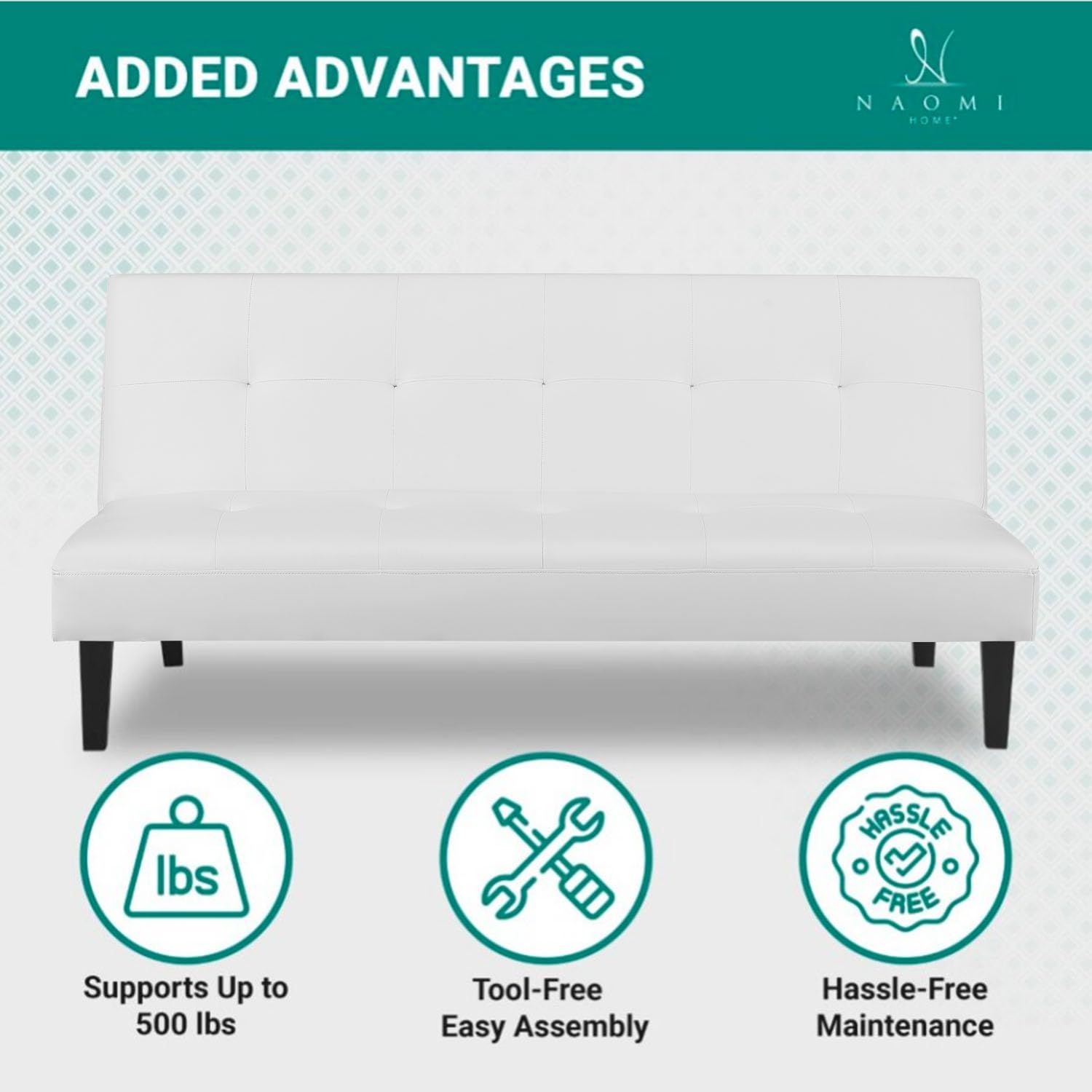 Naomi Home White Faux Leather Convertible Futon Sofa Bed - Button Tufted 3-Position Sleeper with Wooden Legs, 58 lbs Lightweight (500 lbs Capacity) - Perfect for Small Apartments, Guest Rooms & Home Offices