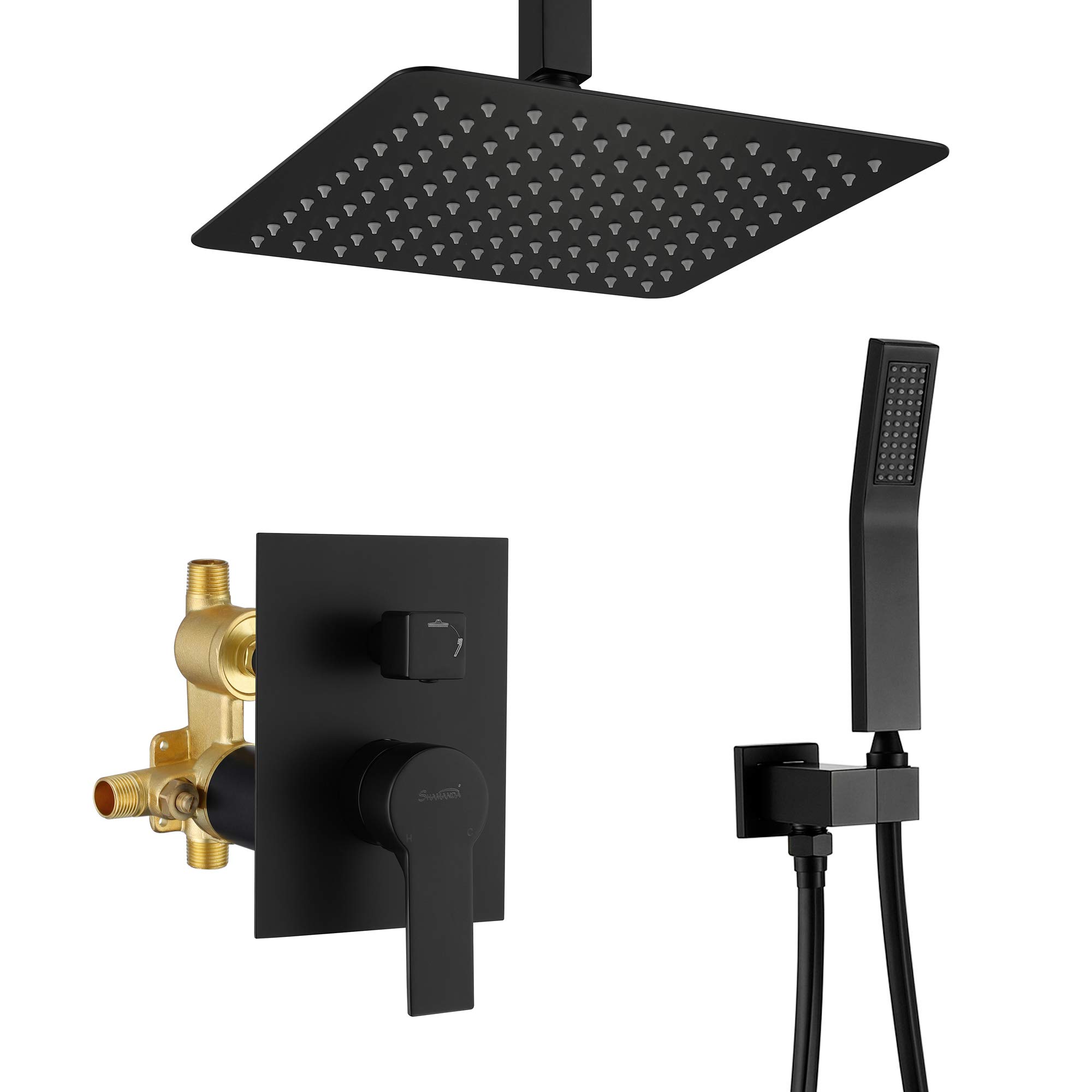 Luxury Matte Black Ceiling Mounted Rain Shower System - 12 Inch Rainfall Shower Head & Handheld Shower Combo with Rough-In Valve (Brass Construction) - Perfect for Modern Bathroom & Spa-Like Shower Experience