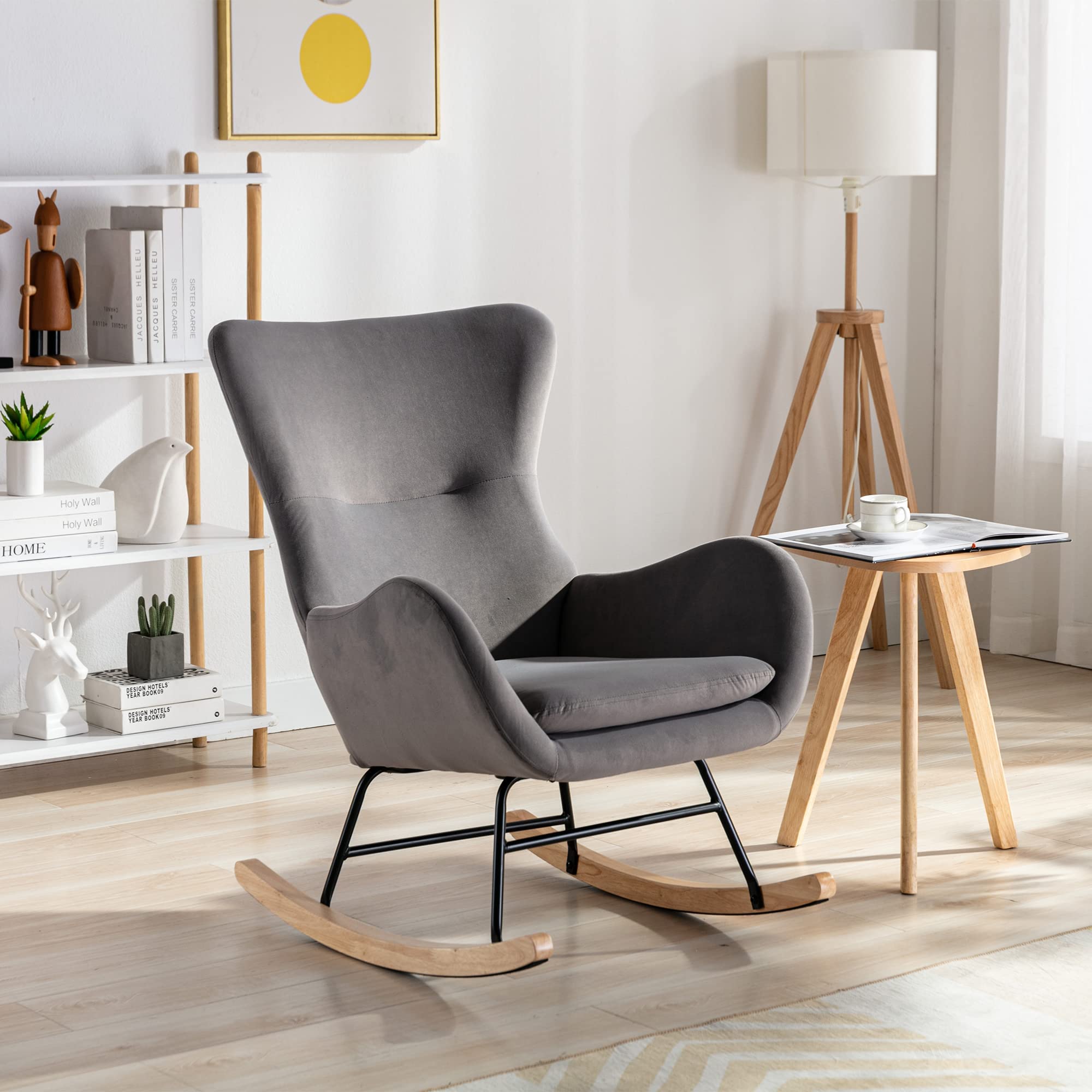 Bellemave Small Velvet Rocking Accent Chair - Modern Upholstered Nursery Glider & Comfy Armchair for Living Room, Bedroom, Nursery - Dark Grey Velvet - Perfect for Relaxing, Nursing & Reading Nook