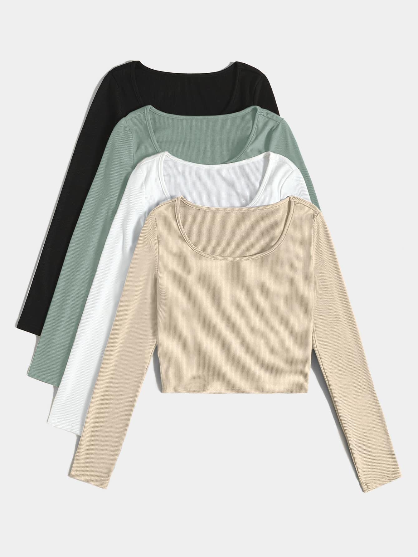 XENIS Women's Long Sleeve Ribbed Knit T-Shirts 4-Pack - Comfortable Fall Tops for Work, Home & Casual Wear | Office Blouses, Lounge Tees & Everyday Basics
