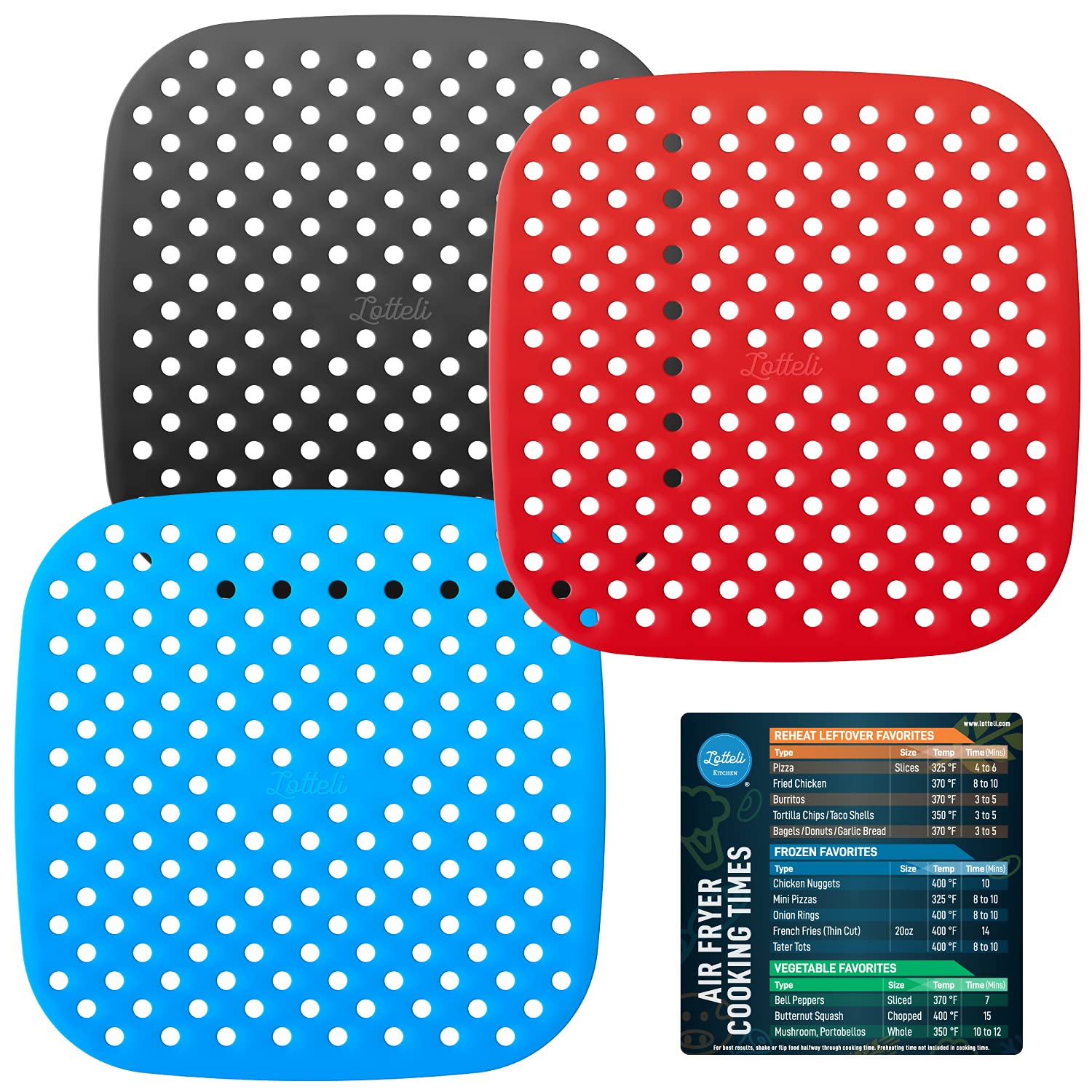 LOTTELI KITCHEN Reusable Silicone Air Fryer Liners 3 Pack - Non-Stick Square Basket Liners with Magnetic Cooking Guide - Easy Clean Air Fryer Accessories for Healthy Cooking - Perfect for Frozen Snacks, Chicken Wings & Veggies (7.5 Inch)