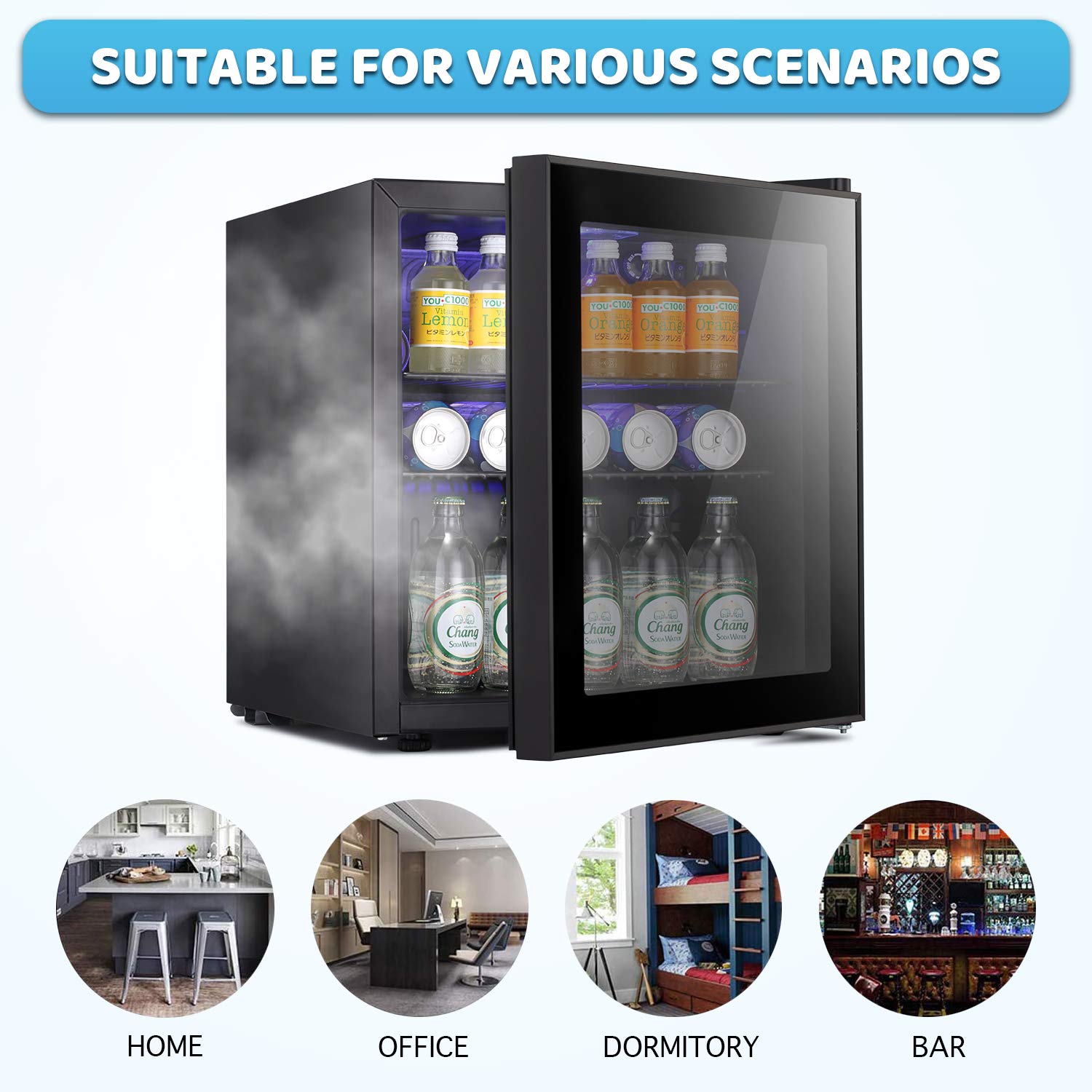 Antarctic Star 60 Can Mini Beverage Refrigerator - Smoked Glass Door Compact Drink Cooler for Soda, Beer & Wine (1.6 cu.ft) - Perfect for Home, Office, Bar & Entertainment Spaces