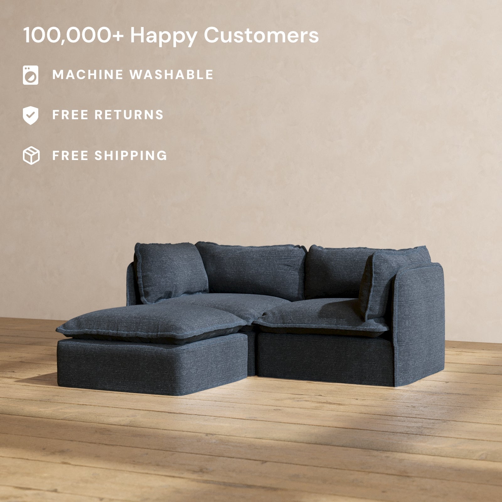 Modular Performance 2-Seater Sectional Sofa in Indigo Blue | Relaxed Blend Fabric | Perfect for Small Living Rooms & Apartments