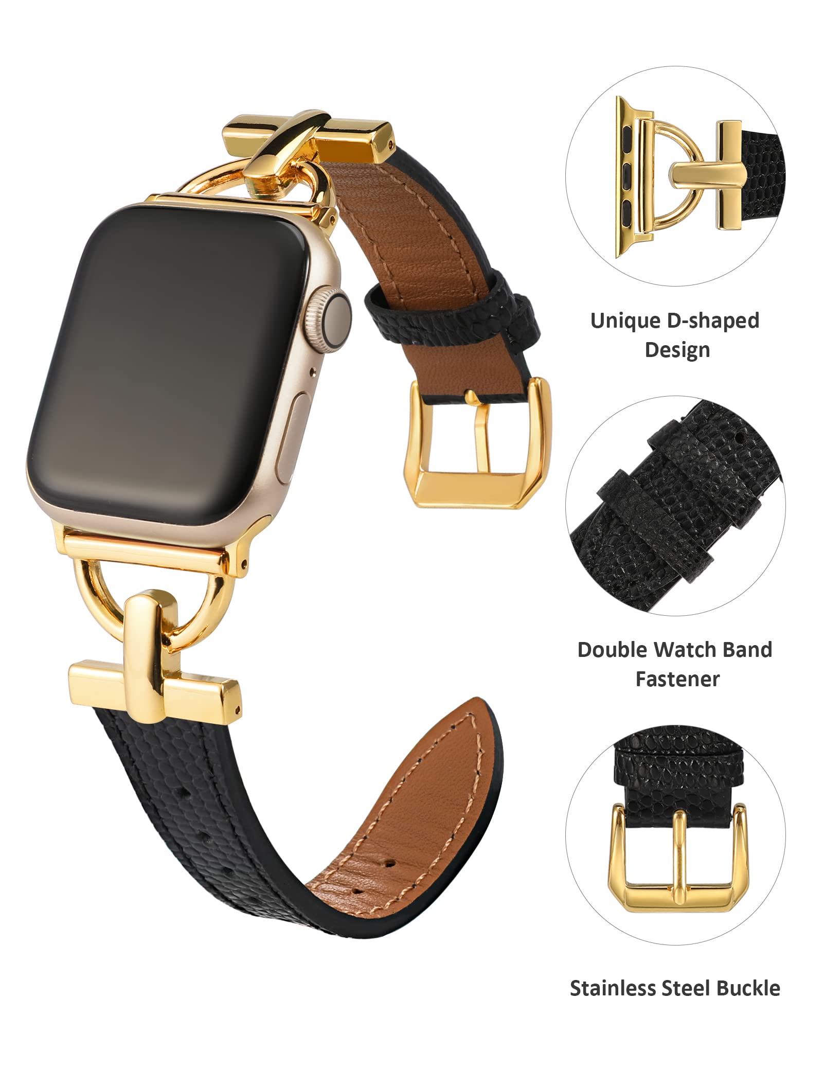 Premium Leather Apple Watch Band 38/40/41/42mm - Dressy D-Shaped Bracelet Strap Compatible with iWatch Series 10/9/8/7/6/5/4/3/2/1/SE/Ultra - Lizard Black & Gold Buckle - Perfect for Work, Formal Events & Everyday Wear