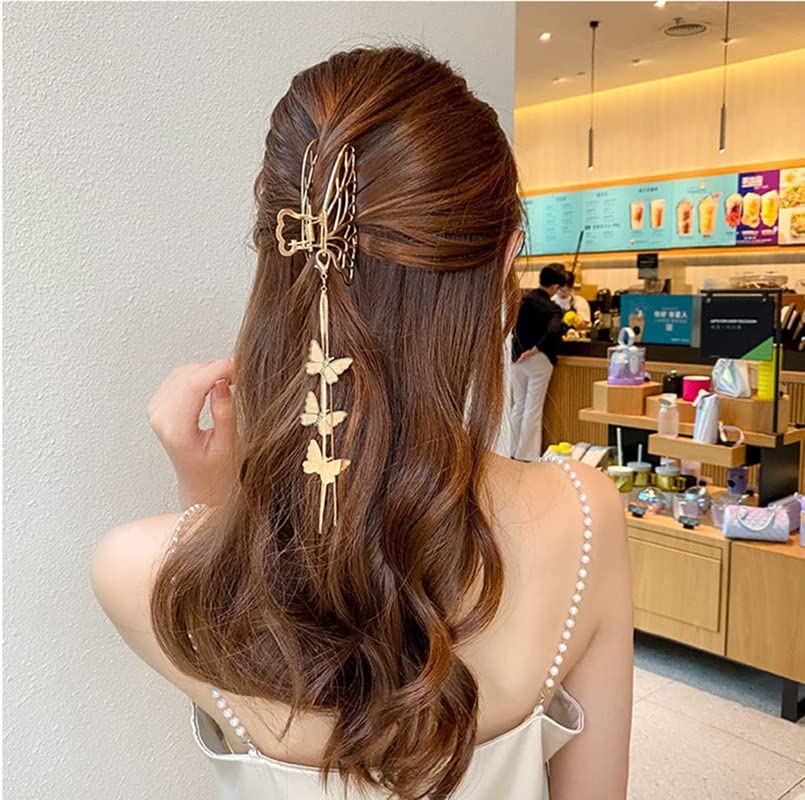 Butterfly Hair Clips for Women - 1 Pack Metal Tassel Hair Claw Clips, Non-Slip Hair Jaw Clamps for Ponytails, Buns & Updos - Elegant Hair Accessories for Parties, Weddings & Daily Styling