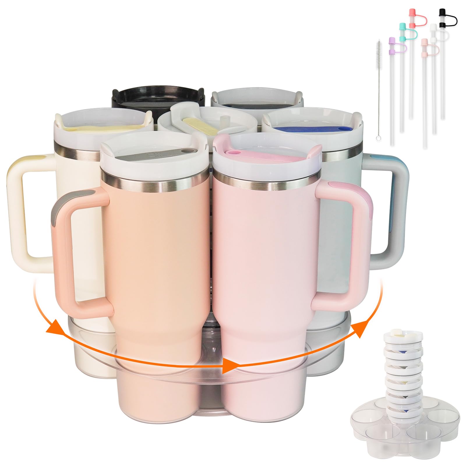 Rotating Stanley Cup Holder Organizer - 6 Straws & 1 Brush Included - Clear Acrylic Storage for Stanley 40oz Tumblers - Perfect for Kitchen Counter & Cabinet Organization (Water Bottle Storage Solution)