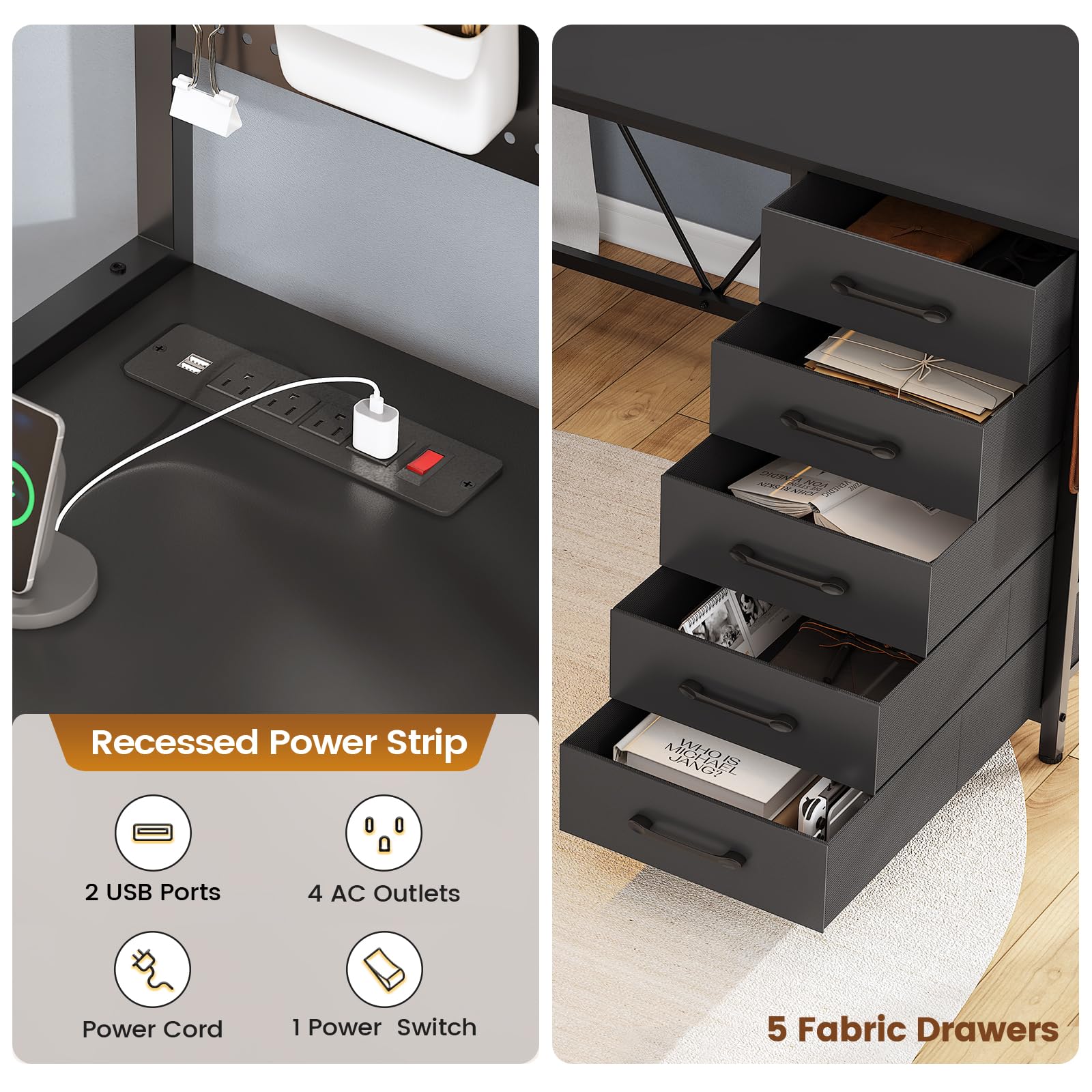 SEDETA L-Shaped Gaming Desk with Drawers, Hutch & Storage Shelves - Black Corner Computer Desk with Pegboard, LED Lights & Power Outlet for Home Office | Perfect for Gaming Setup, Workstation & Small Space Organization