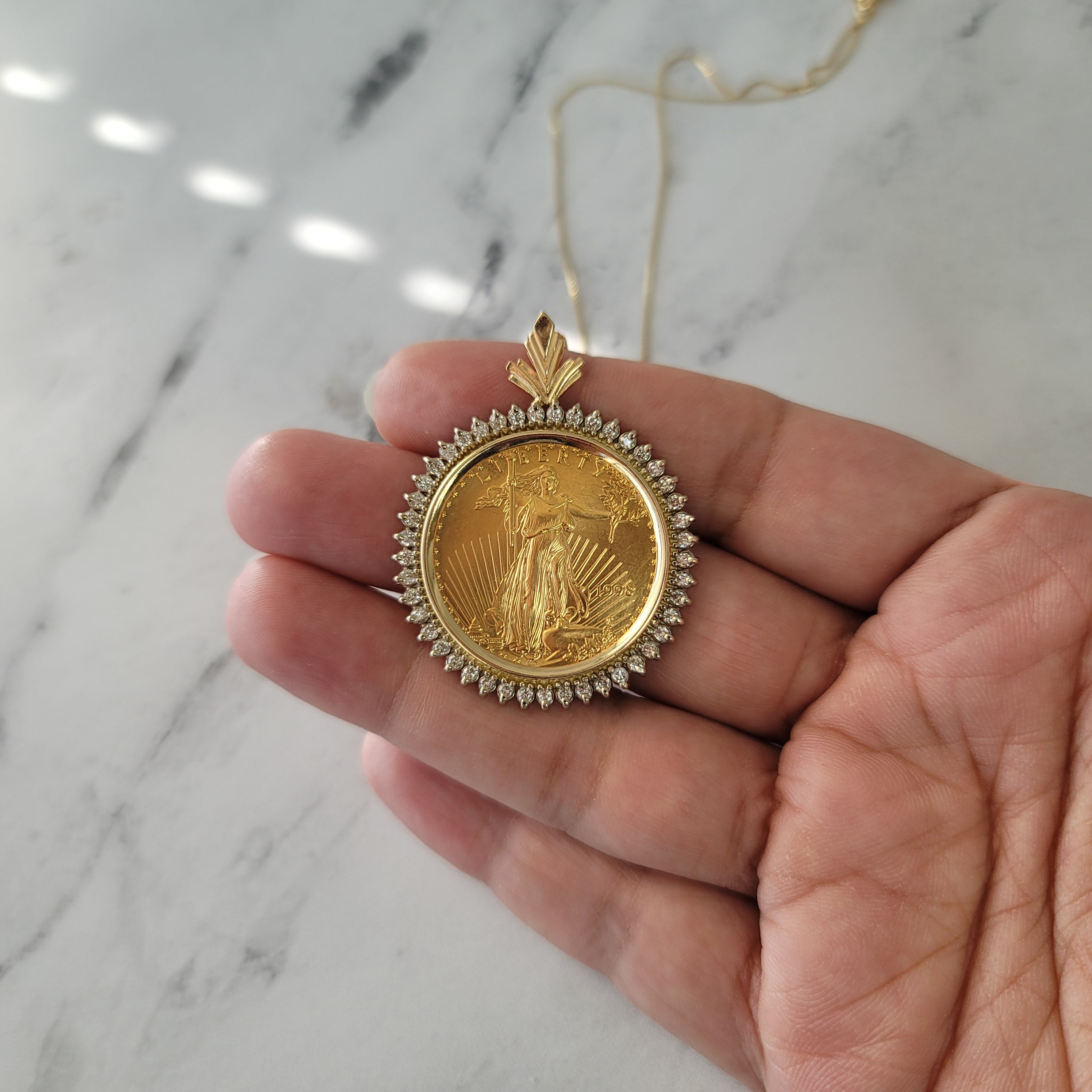 22K Gold Lady Liberty Necklace with Diamond Halo - 1/2 oz Fine Gold Pendant - Elegant Jewelry Gift for Women - Perfect for Anniversaries, Birthdays & Special Occasions