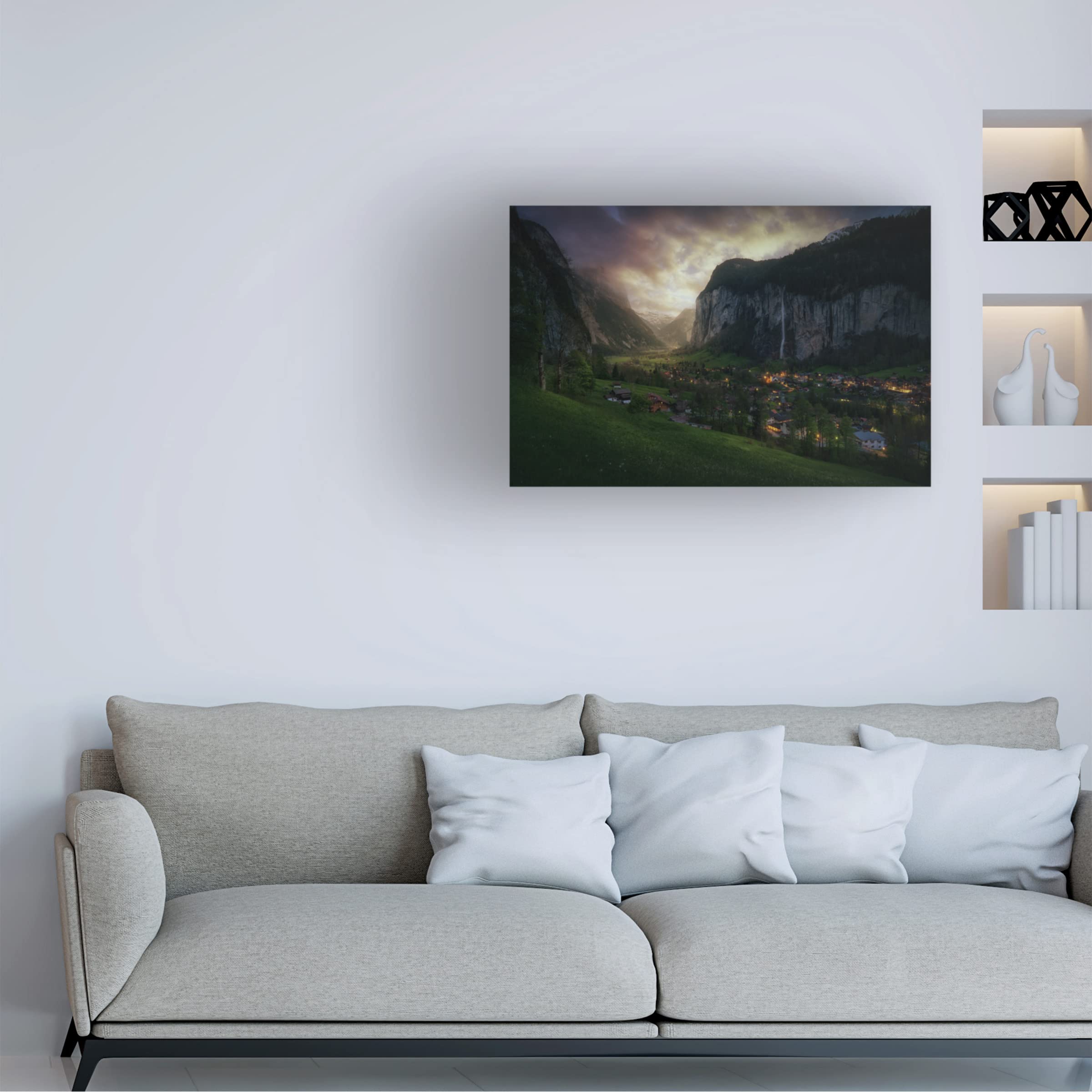 Trademark Fine Art 'Lauterbrunnen On Light' Canvas Wall Art Print by Juan Pablo - Swiss Alps Landscape Painting for Living Room, Bedroom & Office Decor