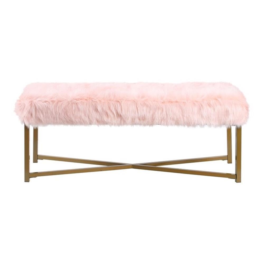 HomePop Faux Fur Ottoman Bench - Pink Upholstered Storage Footrest for Living Room & Bedroom | Cozy Home Decor Furniture | Perfect for Small Spaces, Nursery & Dressing Areas