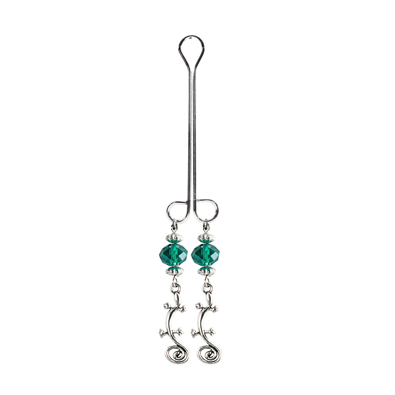 Stylish Gecko Charms Double Loop Cleopatra Clit Clamp - Green Faceted Bead with Organza Gift Bag | Sensual Adult Toy for Couples Play & BDSM Lovers