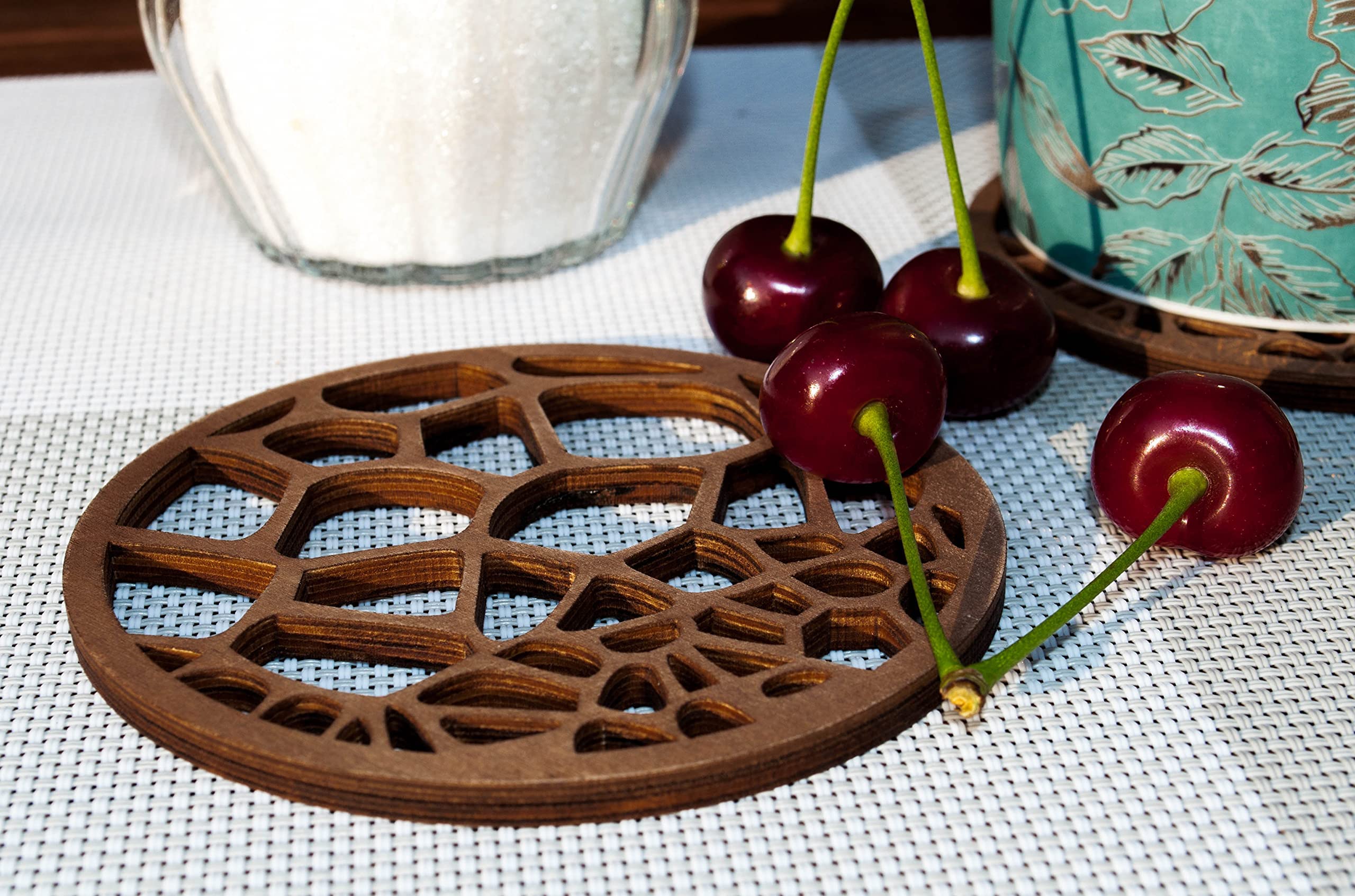 Premium Laser-Cut Wooden Drink Coasters Set of 6 - Natural Wood Coffee Table & Bar Coasters for Hot & Cold Beverages - Unique Home Decor & Tabletop Protection for Dining Room, Office & Outdoor Use