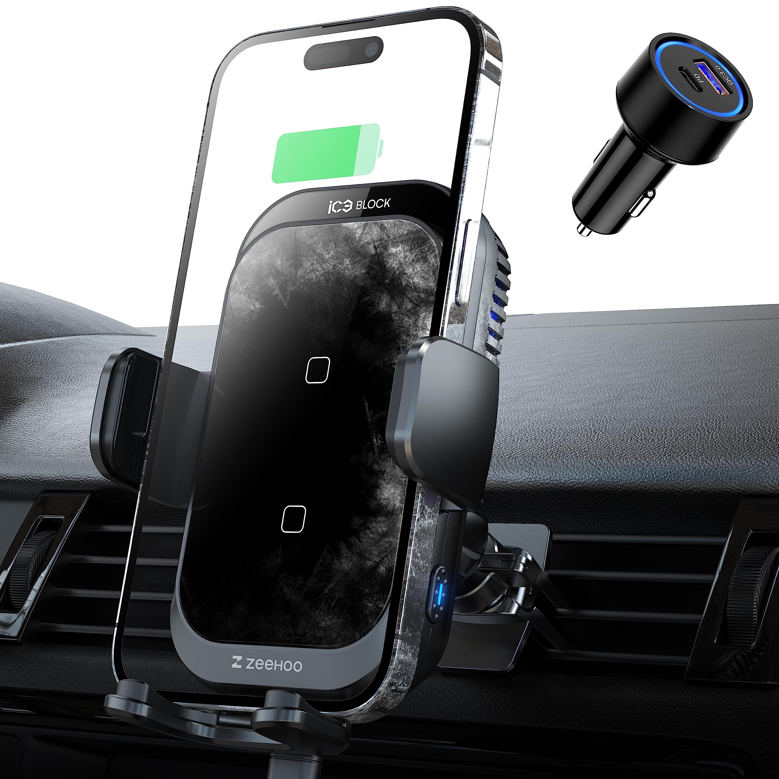 ZeeHoo 15W ICEBLOCK Wireless Car Charger - Fast Cooling Charging with Dual Coils, Auto Clamp Phone Mount for iPhone 15/14/13/12/11 Pro Max/XR, Samsung S22 Ultra/S21/S20/S10+/S9+/Note 9 - Perfect for Road Trips & Daily Commutes