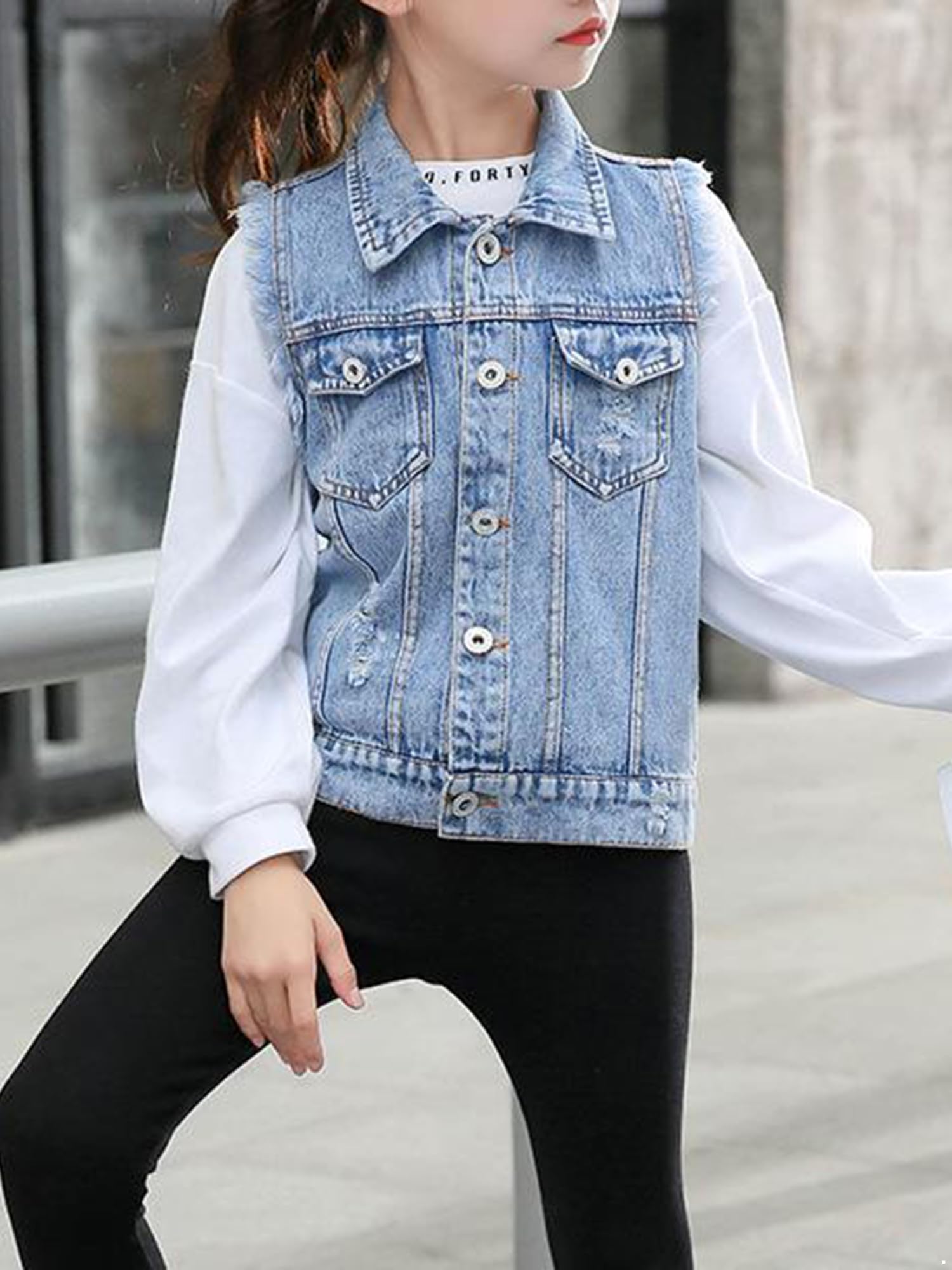 Girls' Distressed Denim Vest Jacket - Casual Cowboy Waistcoat Top for Kids - Stylish Jean Gilet for School & Fashion Outfits - Perfect for Playdates, Parties & Everyday Wear
