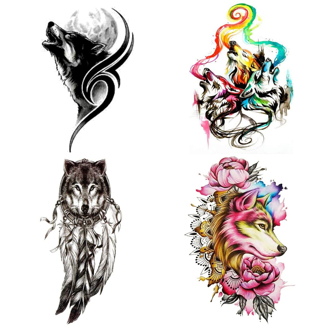 Wolf & Tribal Dog Temporary Tattoos for Men & Women - 4-Pack Multicolor Body Art Stickers (2x4 Inch) | Perfect for Parties, Festivals & Costume Events
