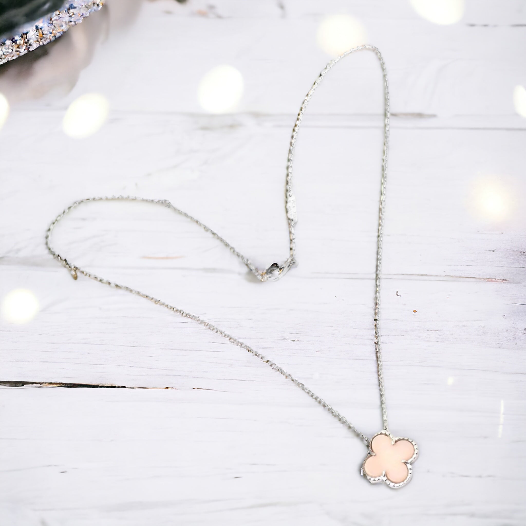 Authentic Van Cleef & Arpels Alhambra 18k White Gold Pink Opal Pendant Necklace - Luxury Jewelry for Women, Perfect for Weddings, Anniversaries & Special Occasions