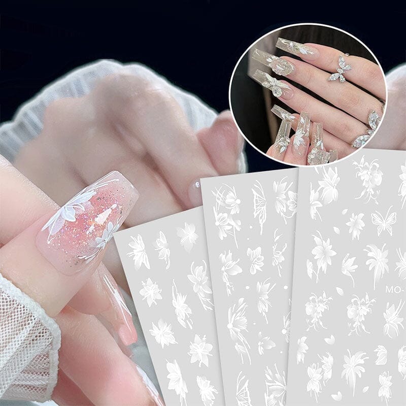 3D White Floral Nail Stickers - Elegant Hand-Painted Nail Art Decals for Women | Perfect for Weddings, Parties & Special Occasions