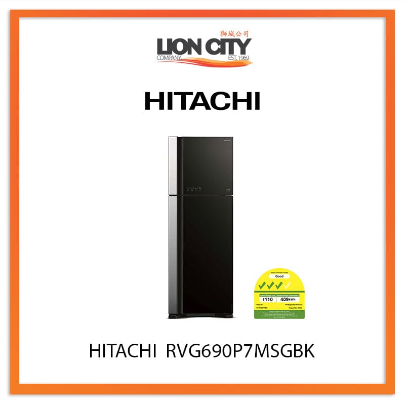 Hitachi 544L 2 Door Refrigerator RVG690P7MSGBK - Large Capacity Fridge for Home, Kitchen & RV Use - Energy Efficient Stainless Steel Appliance with Freezer