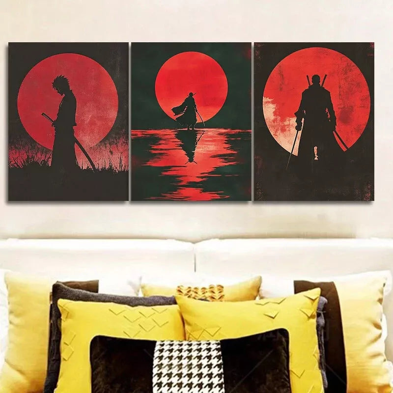 3-Piece Samurai Red Moon Dark Background Wall Art Set - Framed Canvas 40x60cm (16x24in) - High Quality Print, 100% Australian Made, Ready to Hang - Perfect for Living Room, Bedroom, or Office Decor