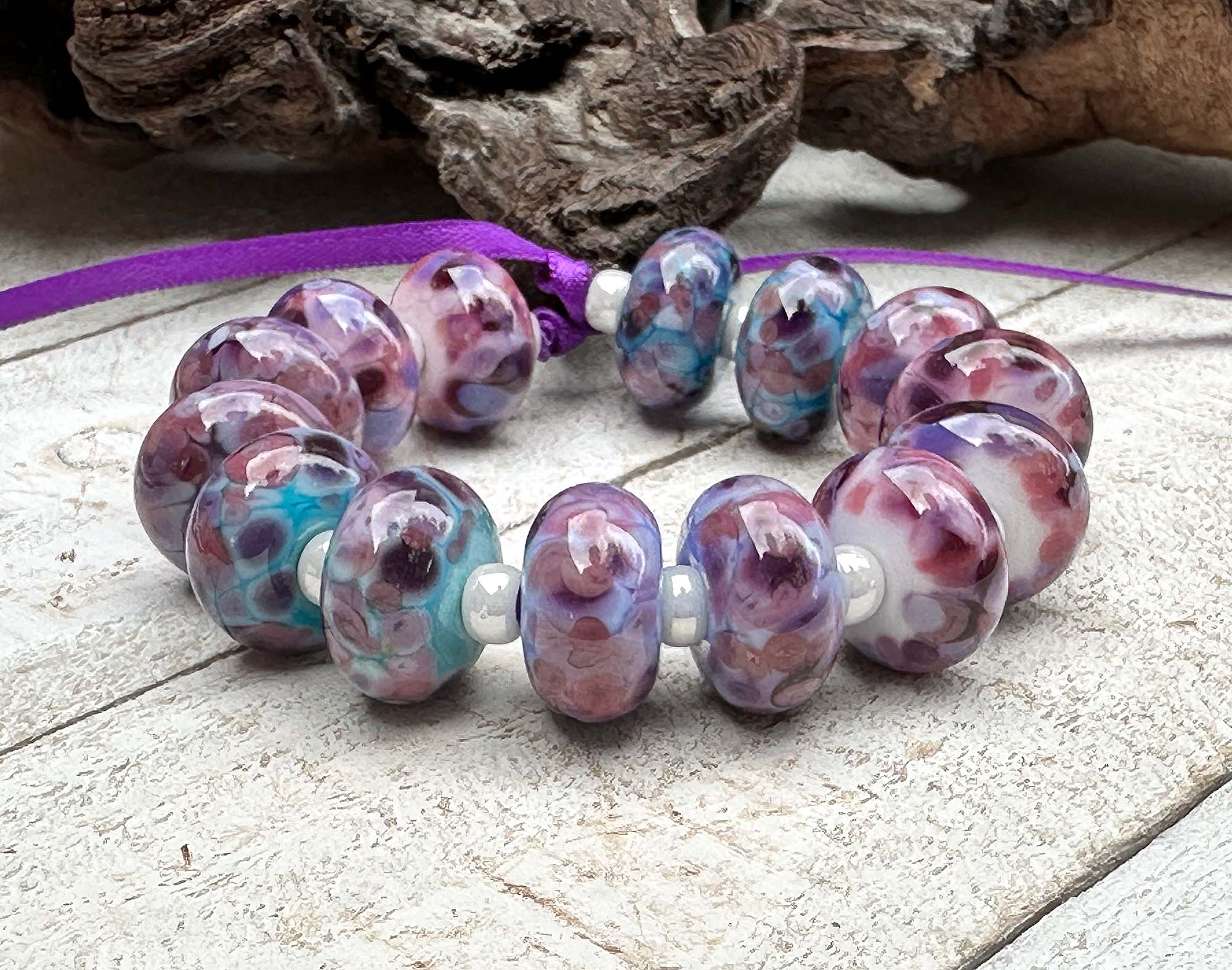 14pcs Lilac Bloom Mosaic Glass Lampwork Beads for Jewelry Making - DIY Bracelet, Necklace & Craft Projects - Handmade Artisan Beads for Boho Style Accessories